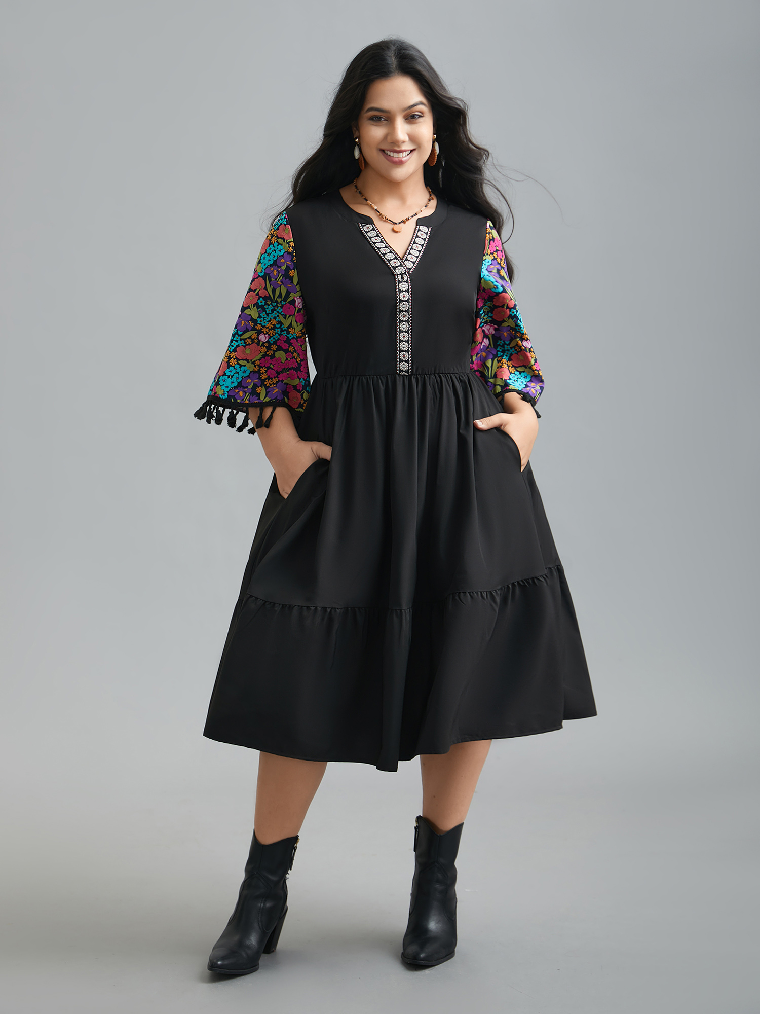 

Plus Size Cotton Floral Embroidered Contrast Webbing Tassels Dress BlackFlower Women Resort Tassels Flat collar with V-notch Elbow-length sleeve Curvy BloomChic 18-20/1X