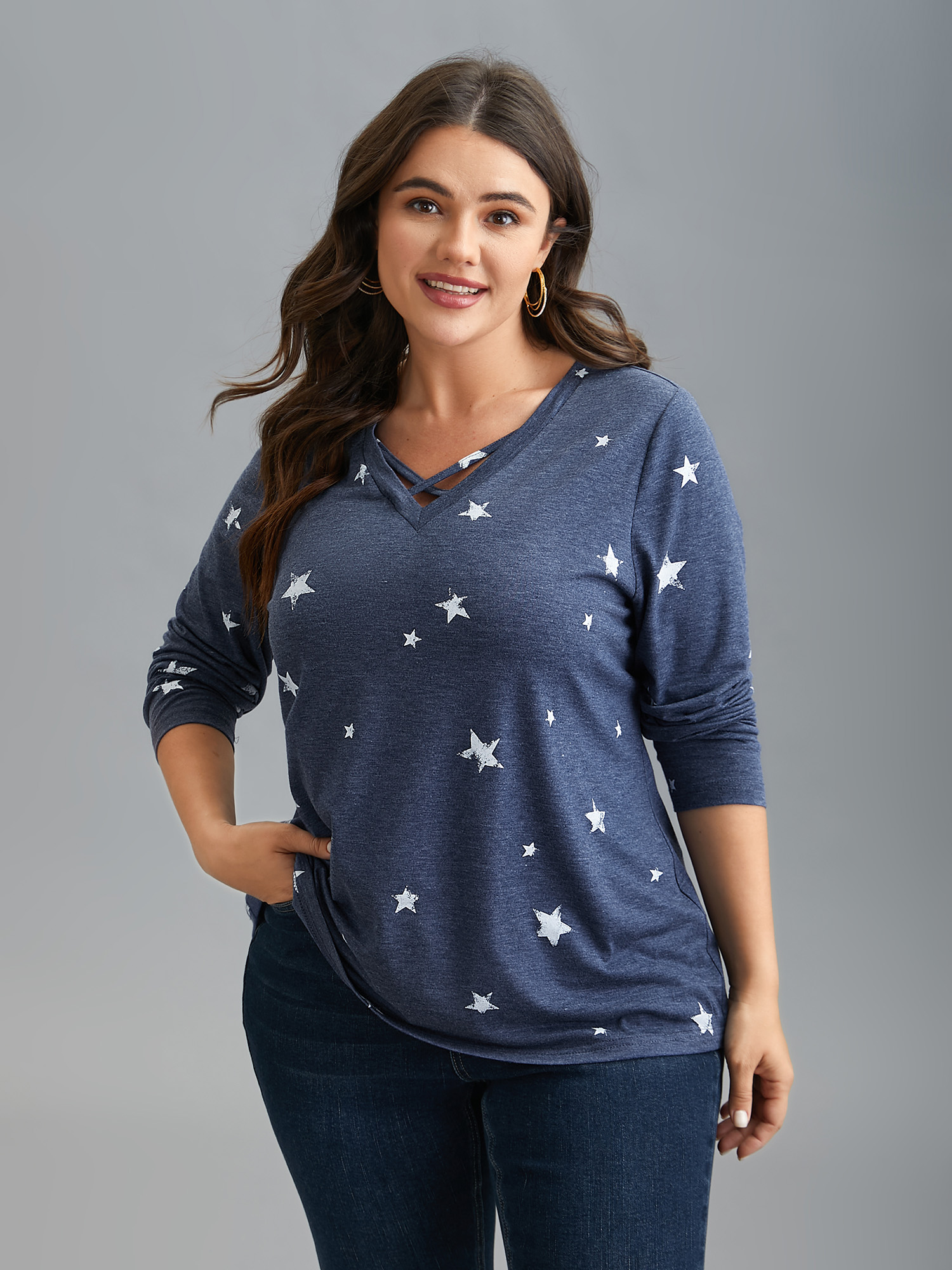 

Plus Size Star Print Crisscross Cut-Out T-Shirt Indigo Women Casual Cut-Out Star and moon V-neck Everyday T-shirts BloomChic 14/M