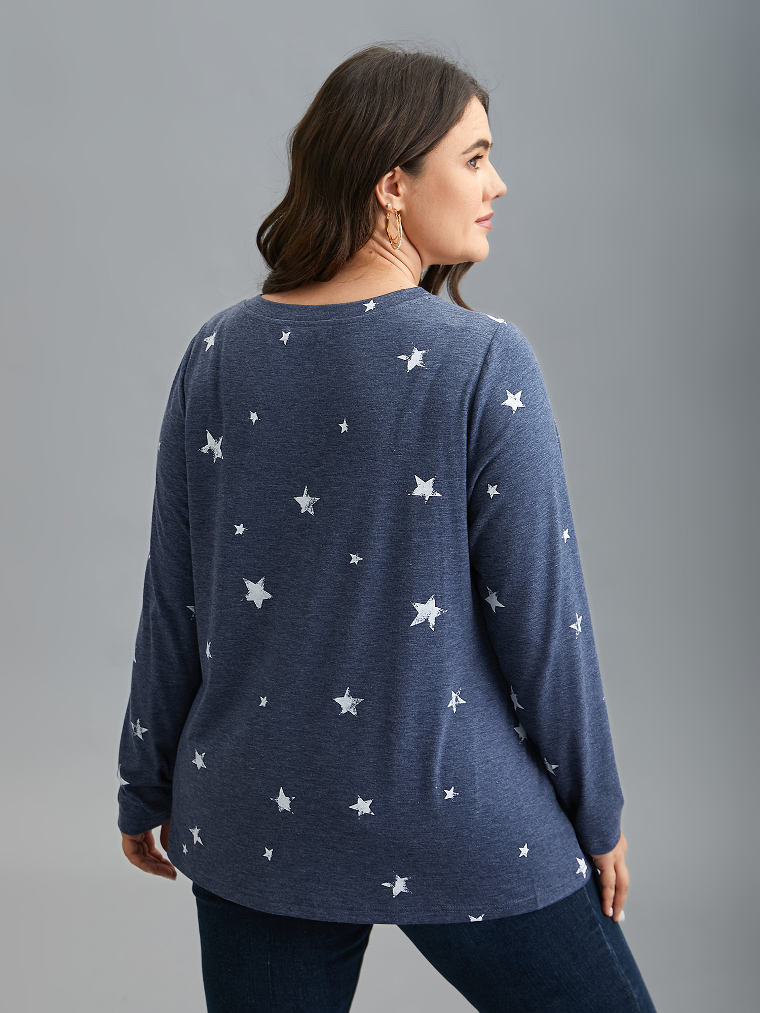 

Plus Size Star Print Crisscross Cut-Out T-Shirt Indigo Women Casual Cut-Out Star and moon V-neck Everyday T-shirts BloomChic 30/4X