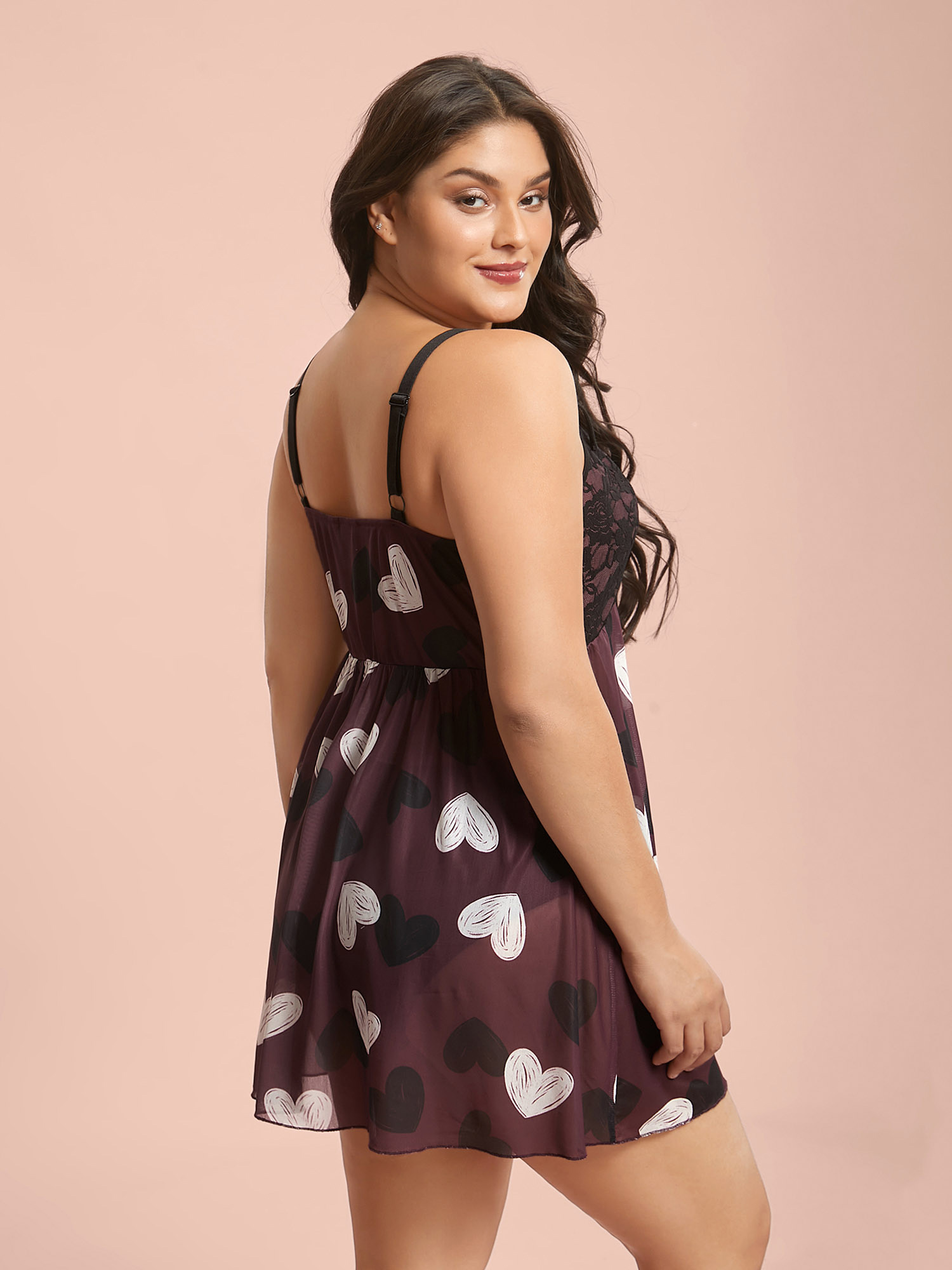 

Plus Size Cami Bow Detail Heart Pattern Sleep Dress Mauve Sleeveless V-neck Lounge Everyday  Bloomchic