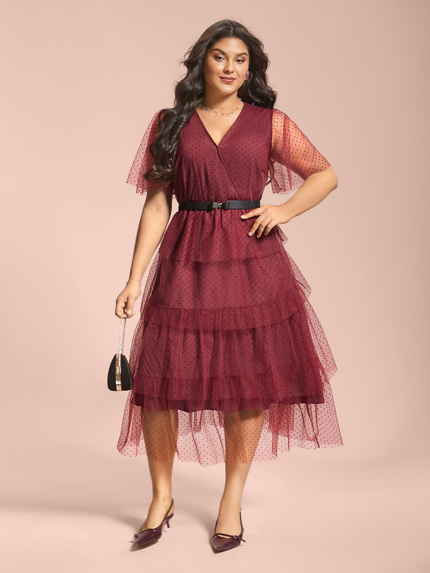 

Plus Size Polka Dot Sheer Mesh Tiered Dress Burgundy Women Cocktail Texture Party Curvy Bloomchic