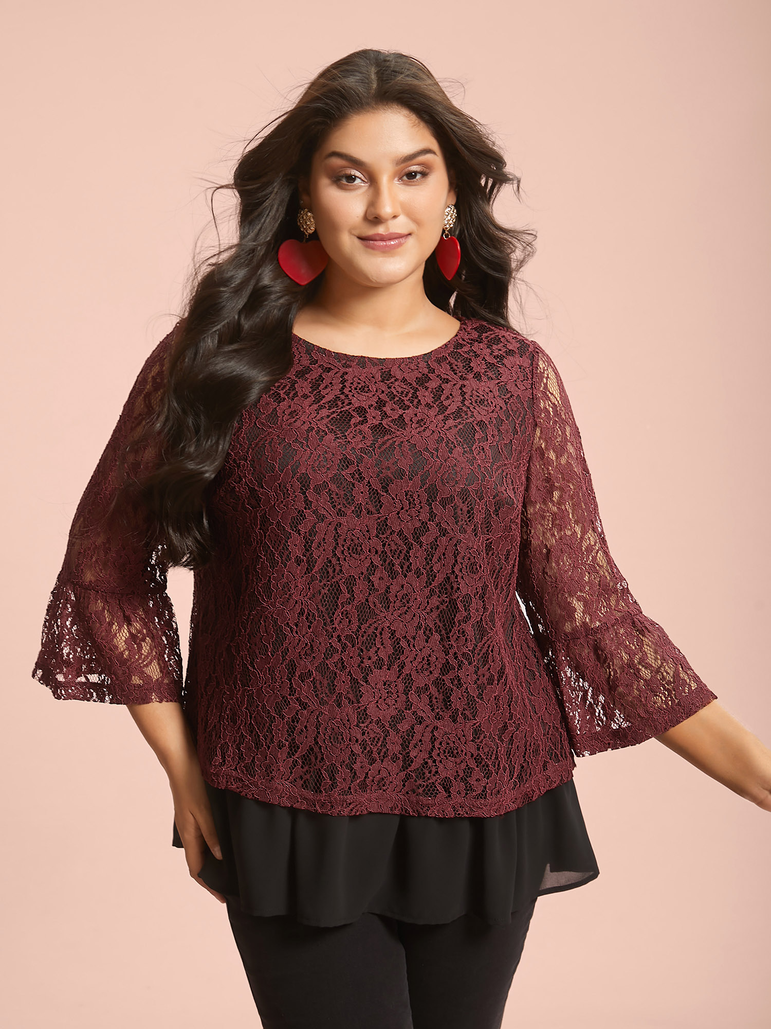 

Plus Size Burgundy Round Neck Contrast Lace Ruffled Sleeve Blouse Women Elegant Elbow-length sleeve Round Neck Everyday Blouses BloomChic 30/4X