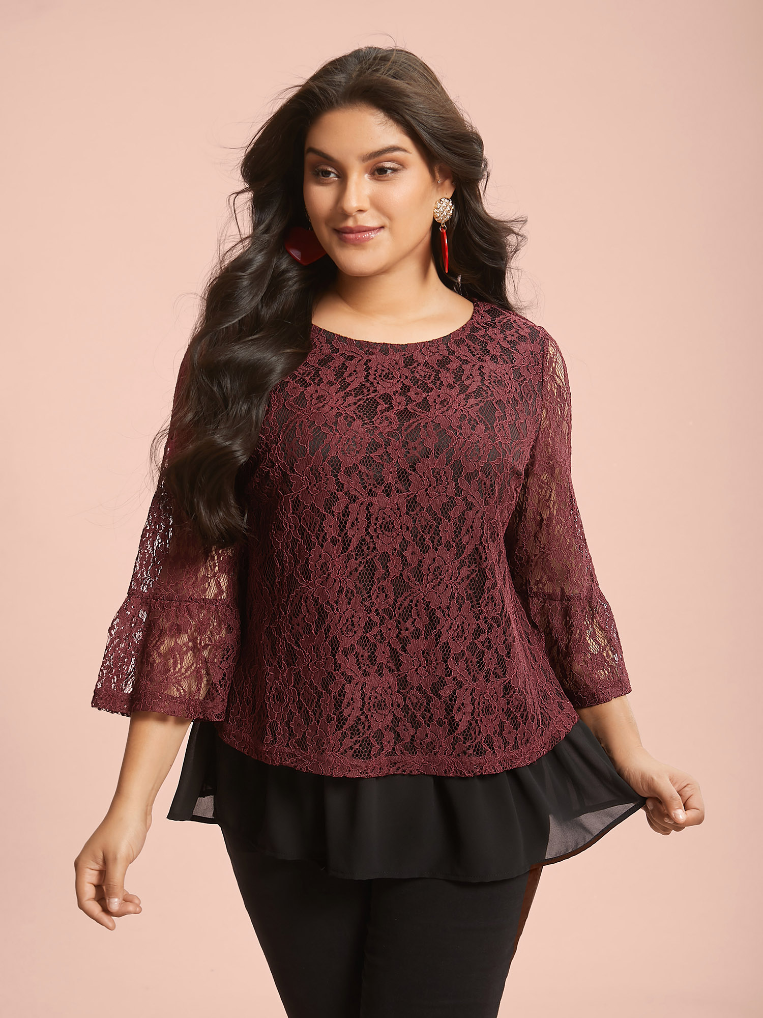 

Plus Size Burgundy Round Neck Contrast Lace Ruffled Sleeve Blouse Women Elegant Elbow-length sleeve Round Neck Everyday Blouses BloomChic