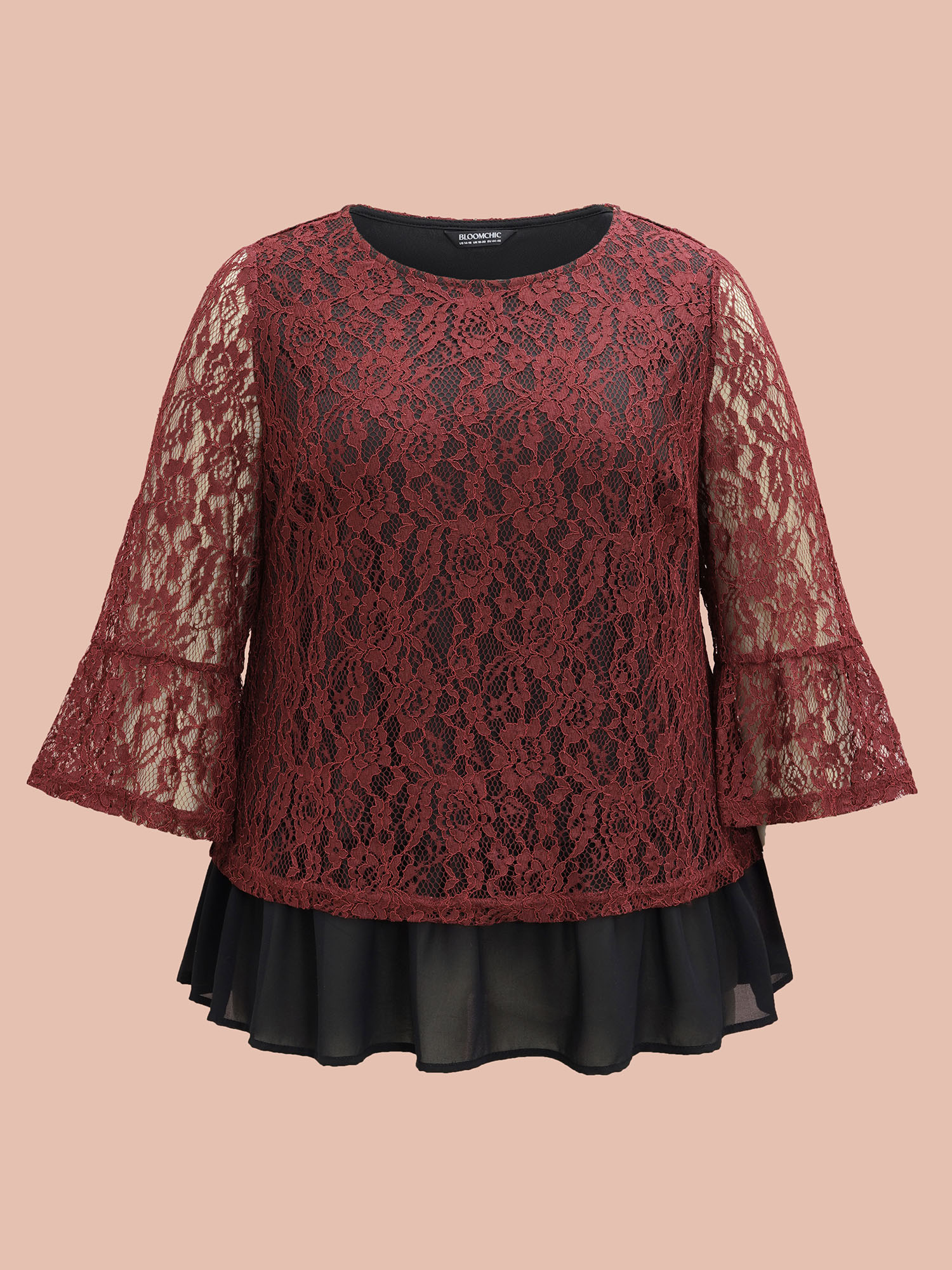 

Plus Size Burgundy Round Neck Contrast Lace Ruffled Sleeve Blouse Women Elegant Elbow-length sleeve Round Neck Everyday Blouses BloomChic 30/4X