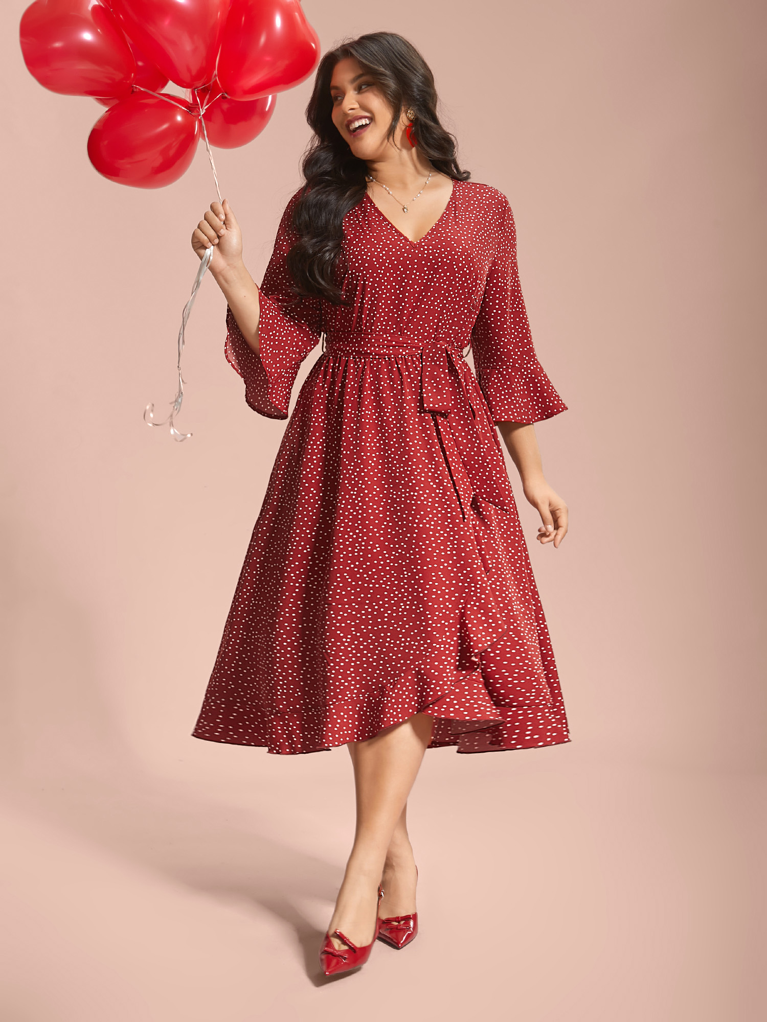 

Plus Size Polka Dots Waist-Tie Ruffled Midi Dress Scarlet Women Elegant Overlapping V-neck Elbow-length sleeve Curvy BloomChic 16/L