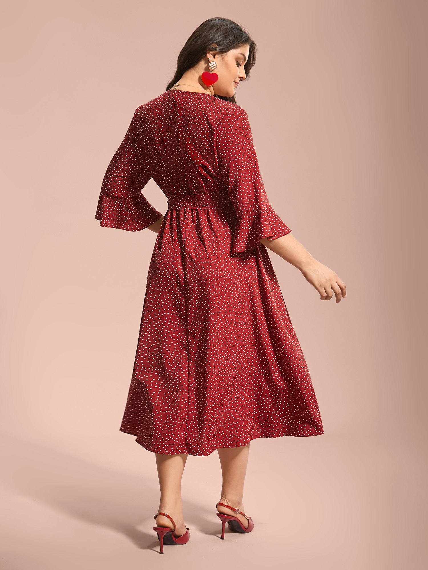 

Plus Size Polka Dots Waist-Tie Ruffled Midi Dress Scarlet Women Elegant Overlapping V-neck Elbow-length sleeve Curvy BloomChic 26-28/3X