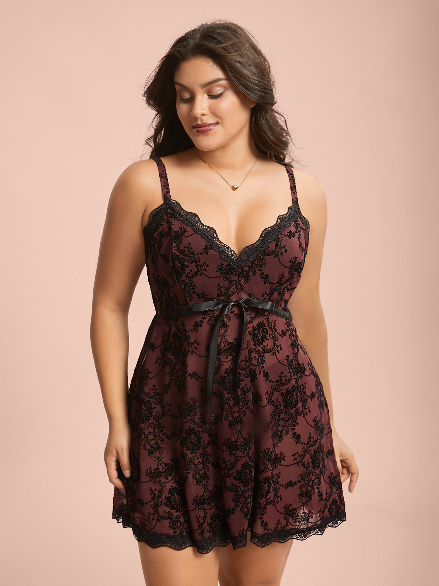 

Plus Size Sheer Floral Lace Patchwork Tie Sleep Dress Burgundy Sleeveless V-neck Lounge Everyday 16/L Bloomchic