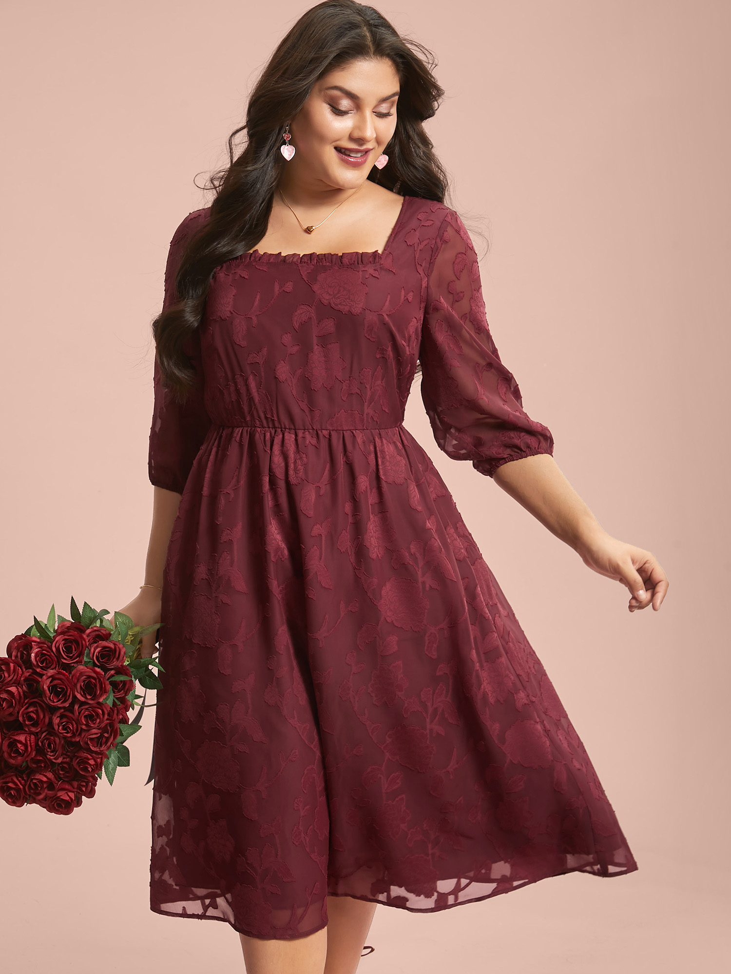 

Plus Size Floral Frill Trim Stretchy-Waist Sheer Midi Dress Burgundy Women Elegant Texture Square Neck Elbow-length sleeve Curvy BloomChic 16/L