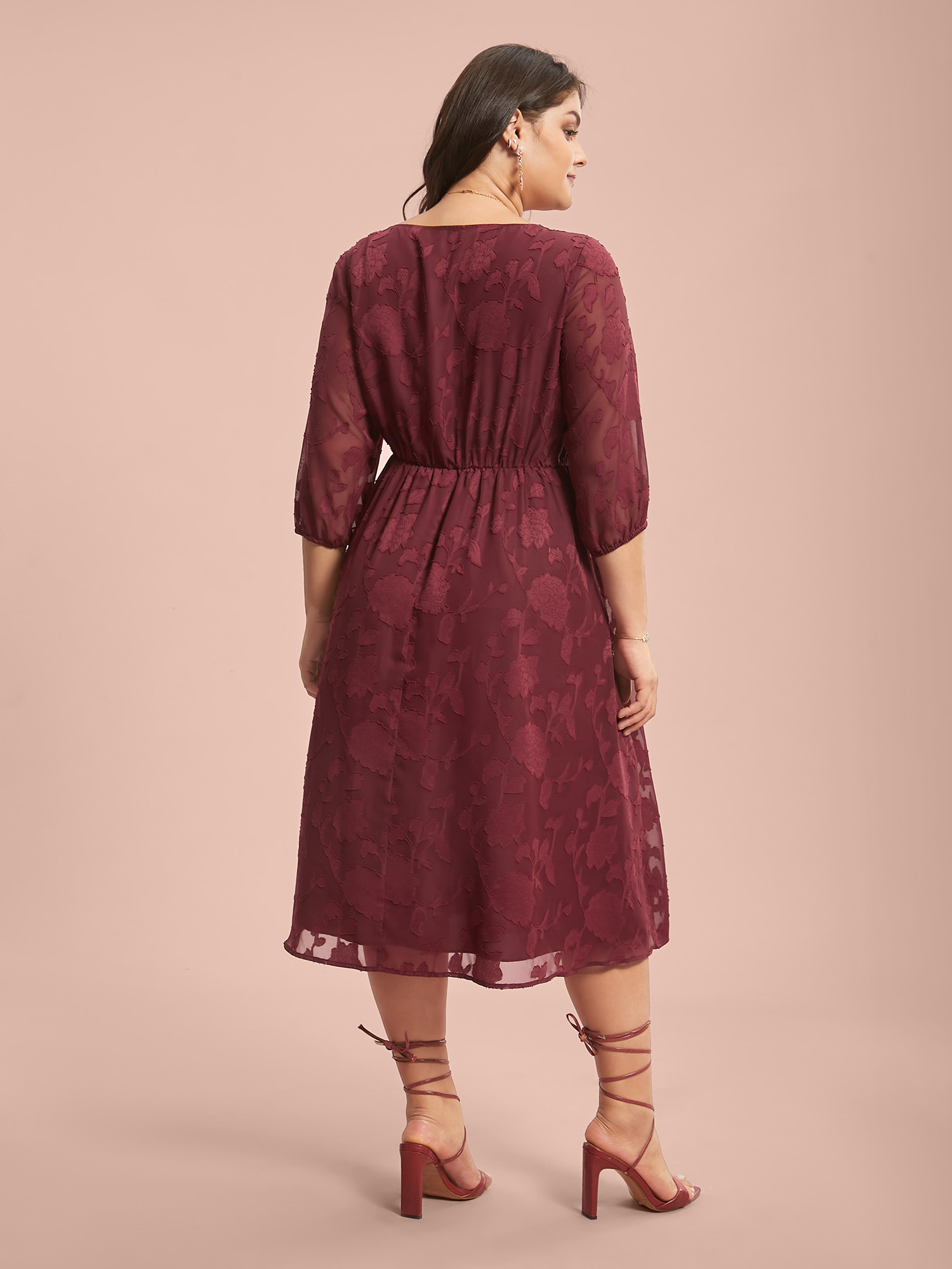 

Plus Size Floral Frill Trim Stretchy-Waist Sheer Midi Dress Burgundy Women Elegant Texture Square Neck Elbow-length sleeve Curvy BloomChic