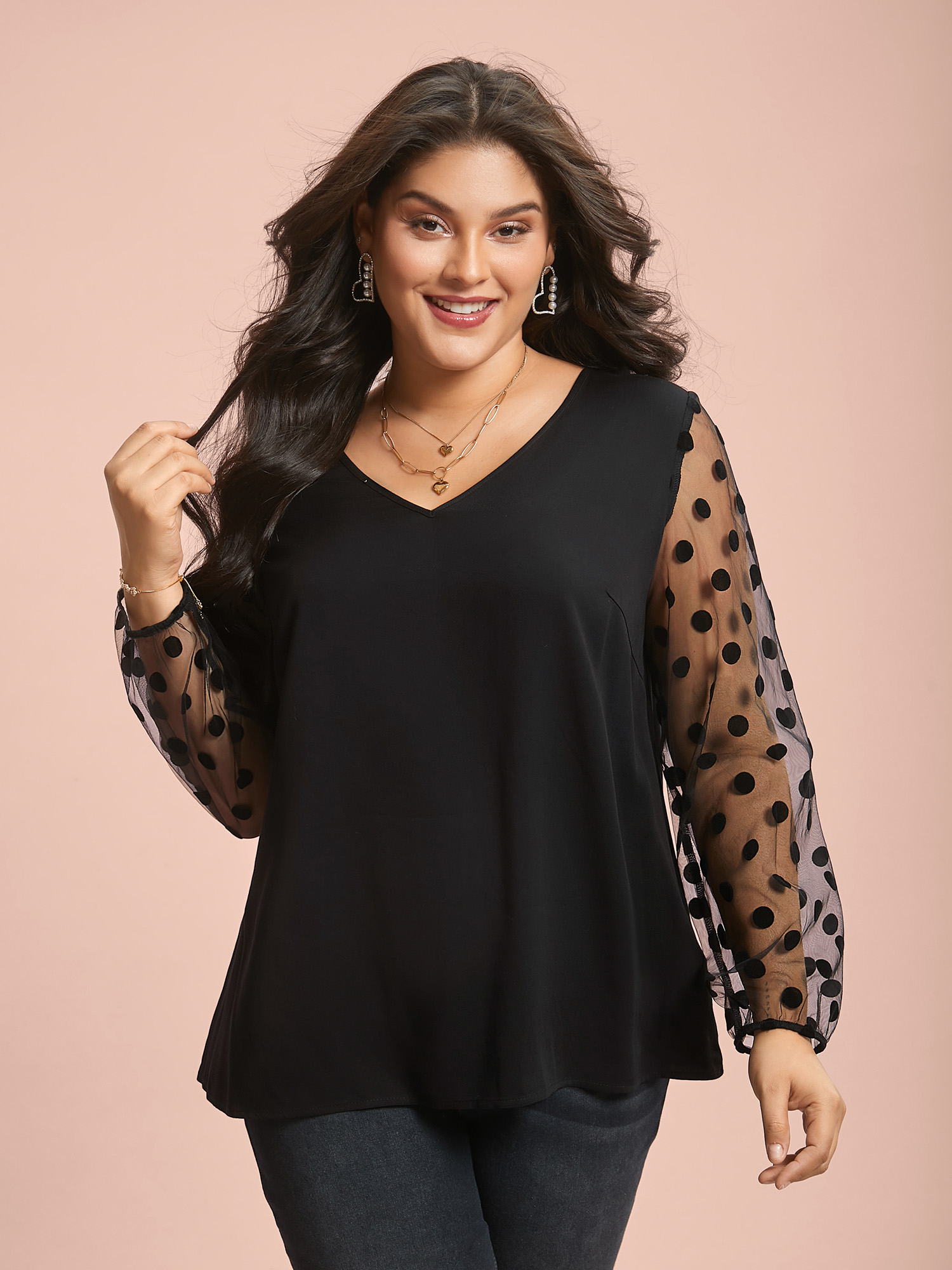 

Plus Size Black Polka Dot Sheer Mesh Sleeve Spliced Blouse Women Elegant Long Sleeve Round Neck Everyday Blouses BloomChic 16/L