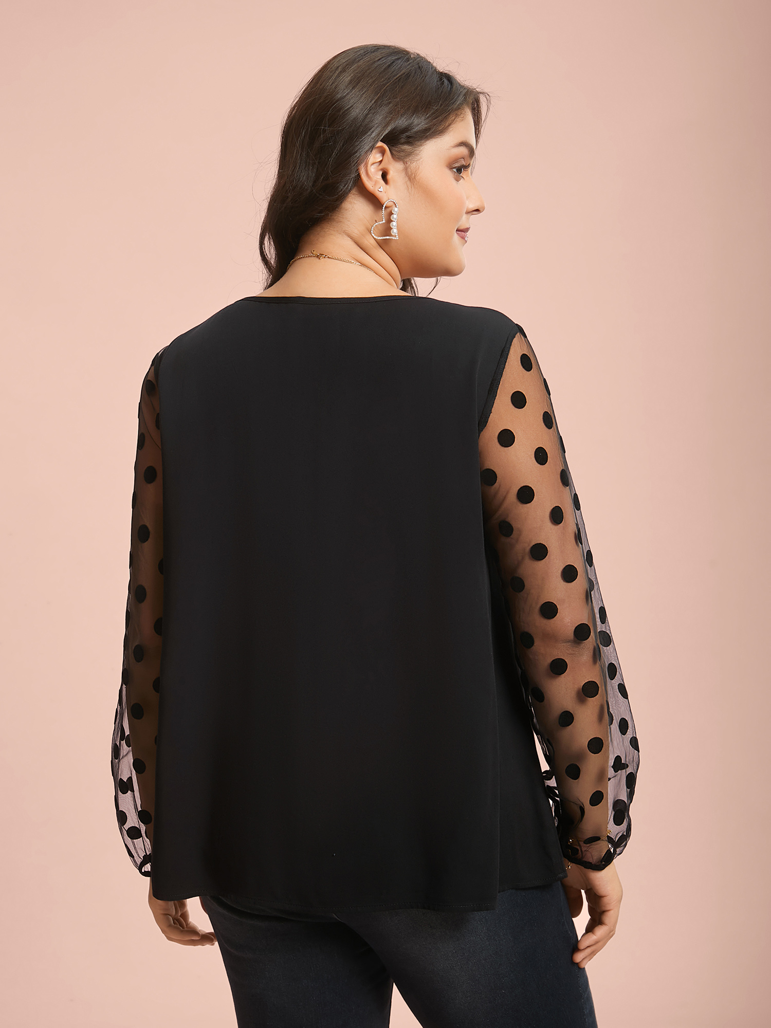 

Plus Size Black Polka Dot Sheer Mesh Sleeve Spliced Blouse Women Elegant Long Sleeve Round Neck Everyday Blouses BloomChic 22-24/2X