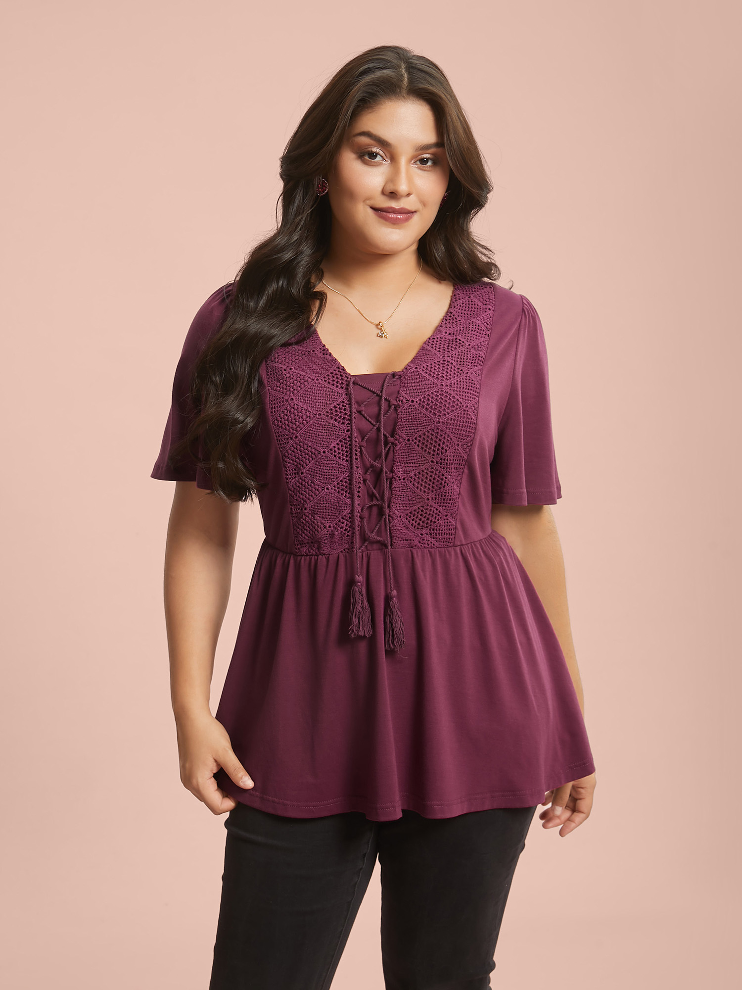 

Plus Size Lace-Up Tassels Patchwork Plain Top Plum V-neck Short sleeve Elegant Jersey Tops 14/M