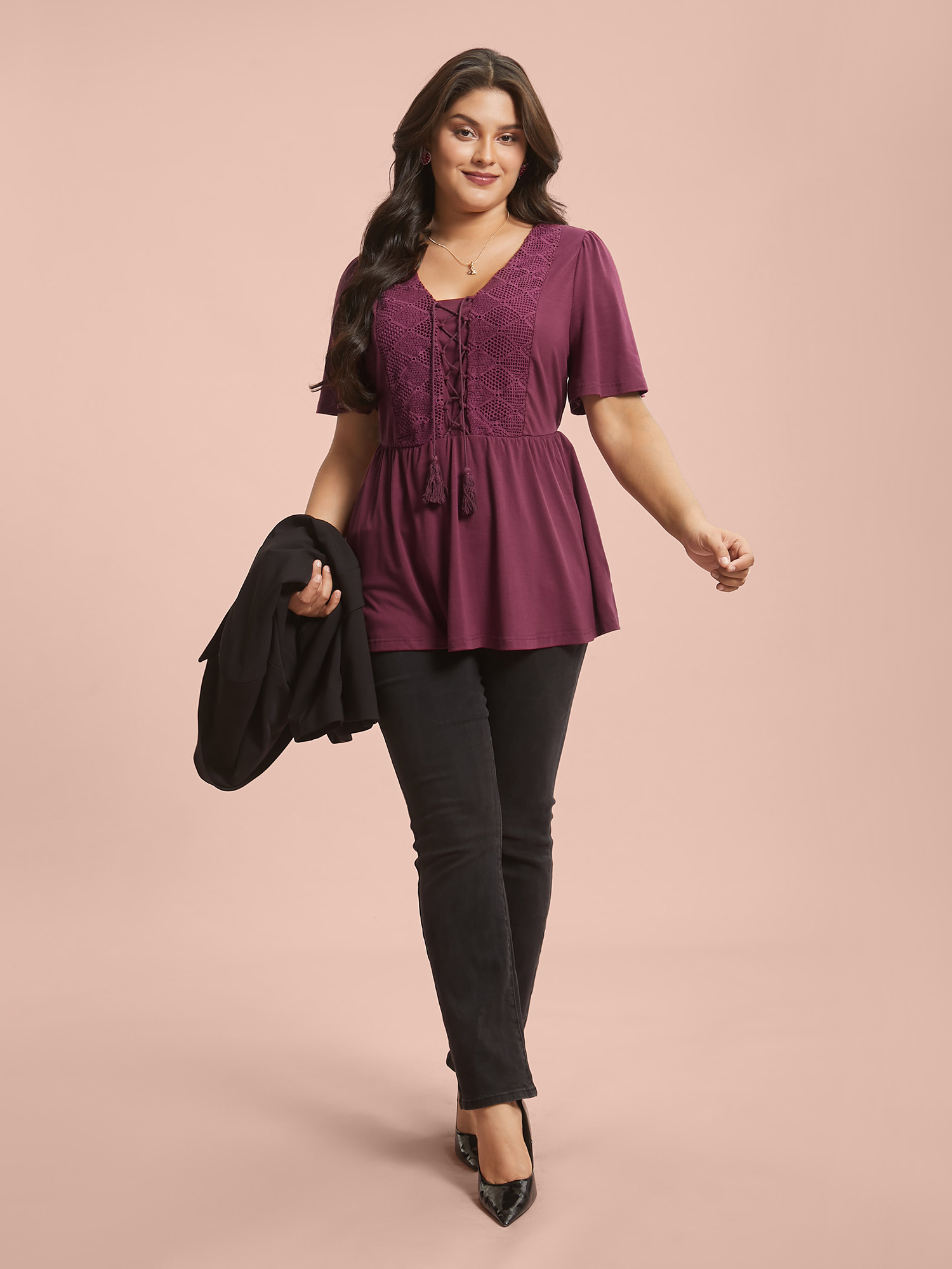 

Plus Size Lace-Up Tassels Patchwork Plain Top Plum V-neck Short sleeve Elegant Jersey Tops 34/6X