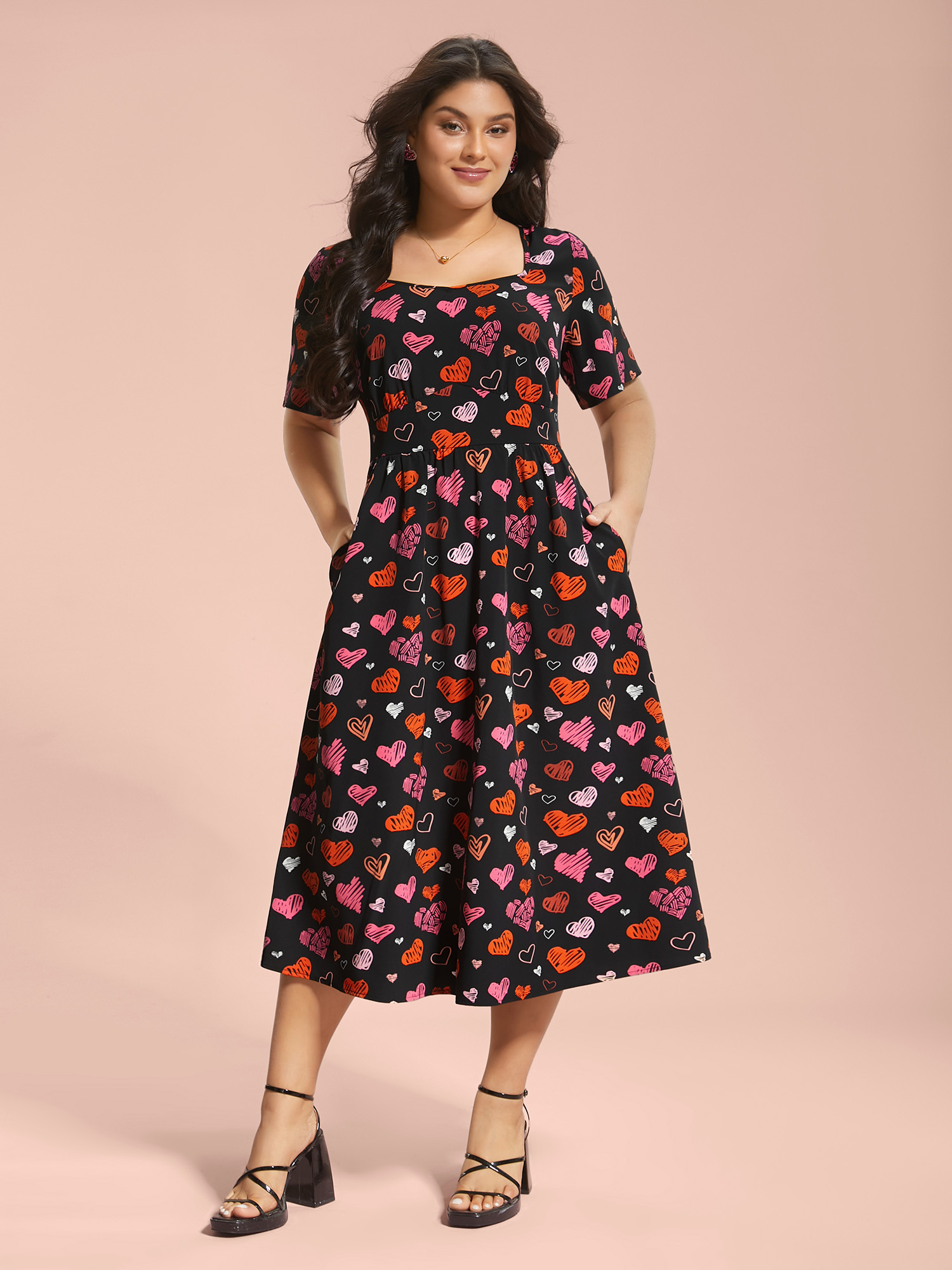 

Plus Size Heart Print Ruched Stretchy Waist Dress Black Women Elegant Gathered Heart neckline Short sleeve Curvy BloomChic