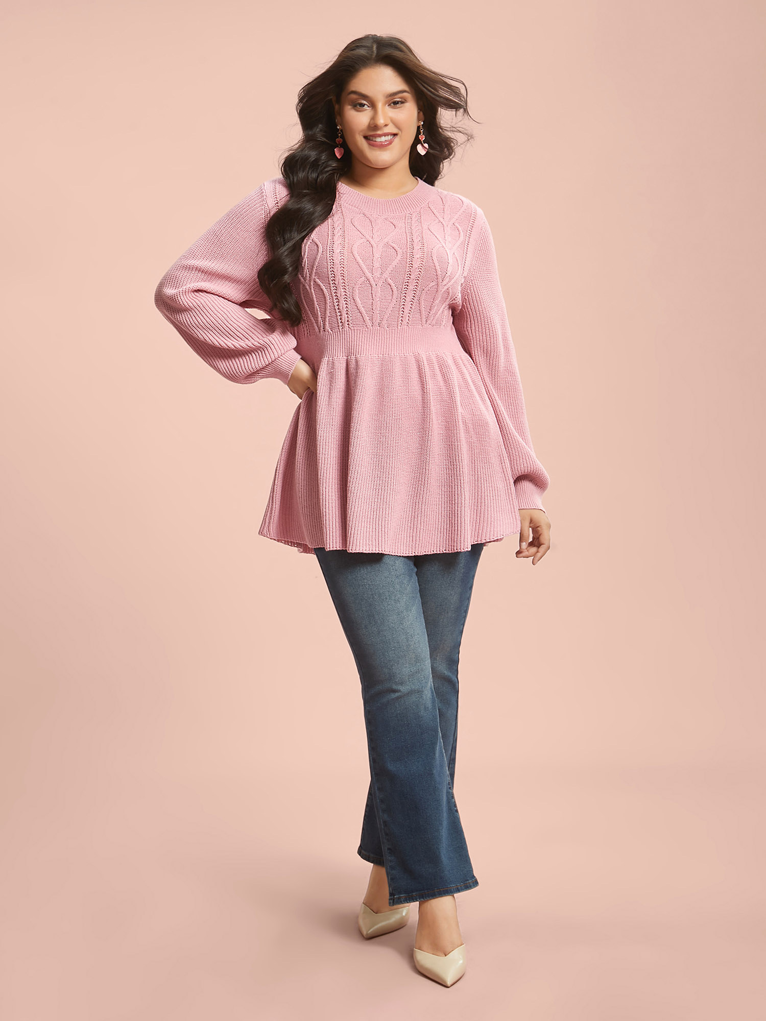 

Plus Size Textured Cable-Knit Waist Cinched Pullover Nudepink Women Elegant Bodycon Long Sleeve Round Neck Everyday Pullovers BloomChic 18-20/1X