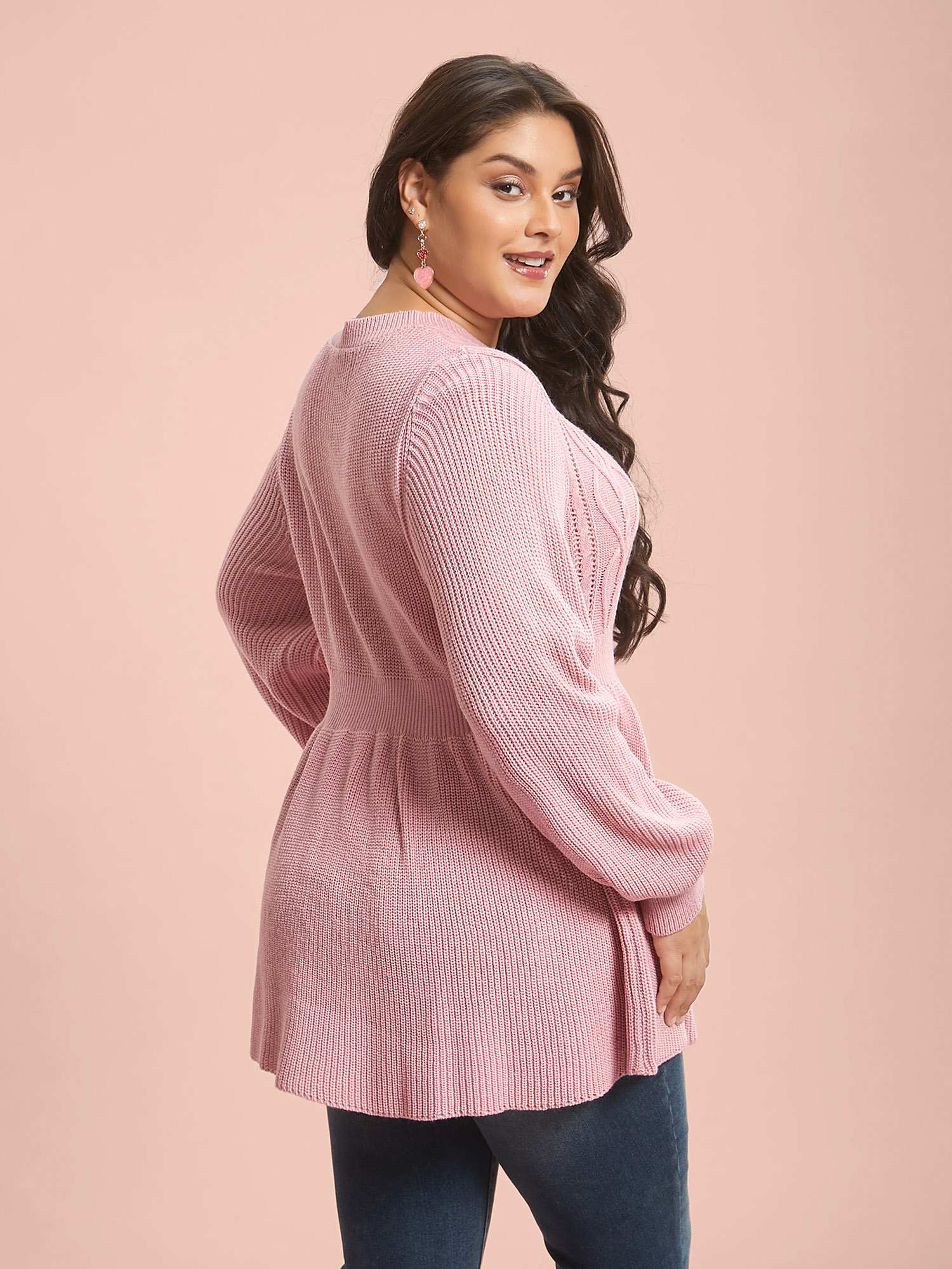 

Plus Size Textured Cable-Knit Waist Cinched Pullover Nudepink Women Elegant Bodycon Long Sleeve Round Neck Everyday Pullovers BloomChic