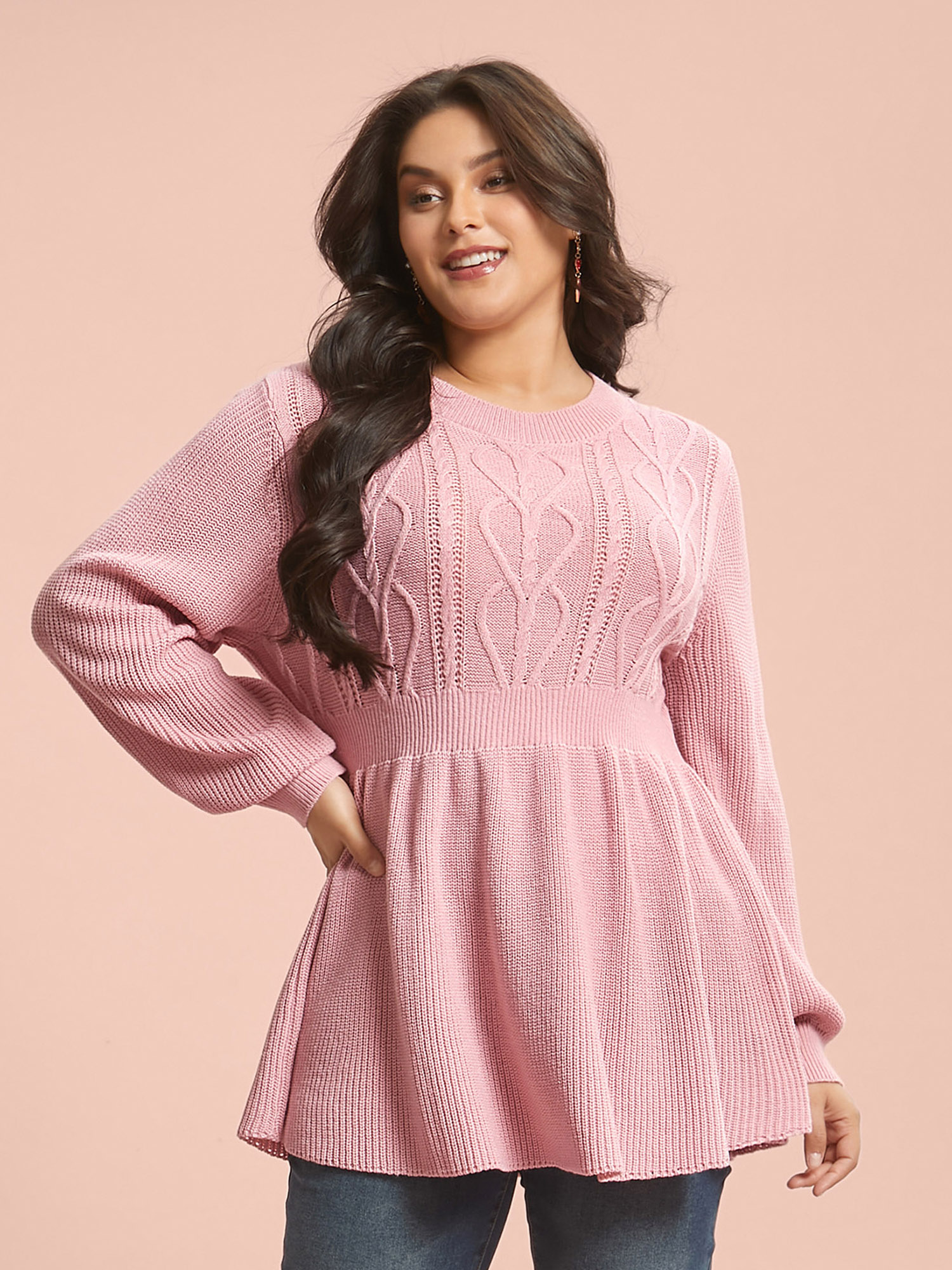 

Plus Size Textured Cable-Knit Waist Cinched Pullover Nudepink Women Elegant Bodycon Long Sleeve Round Neck Everyday Pullovers BloomChic 16/L