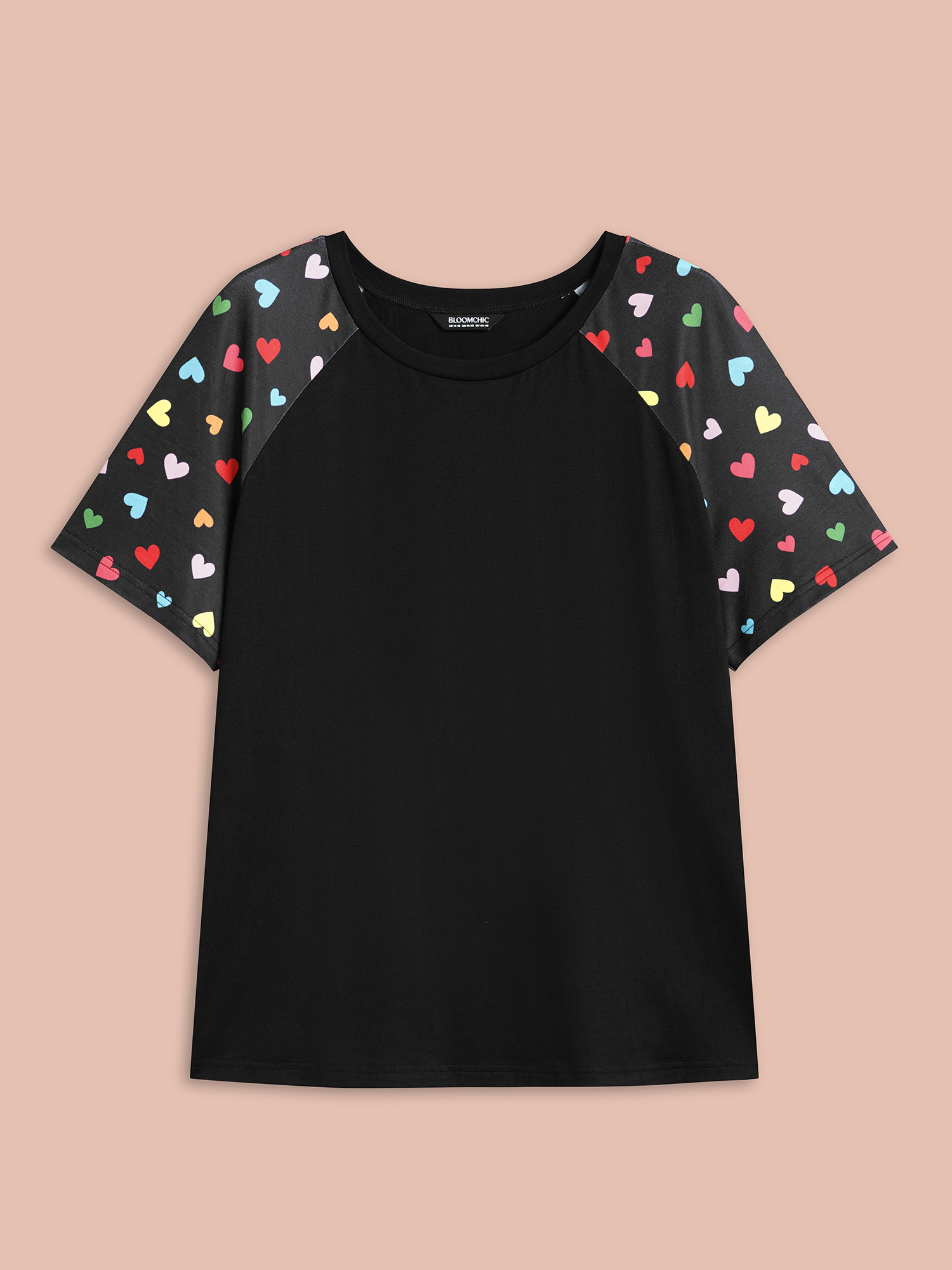 Plus Size Multi-Color Hearts Spliced Slim-Fit T-Shirt Black Women Casual Contrast Round Neck Everyday T-shirts BloomChic 12/L 