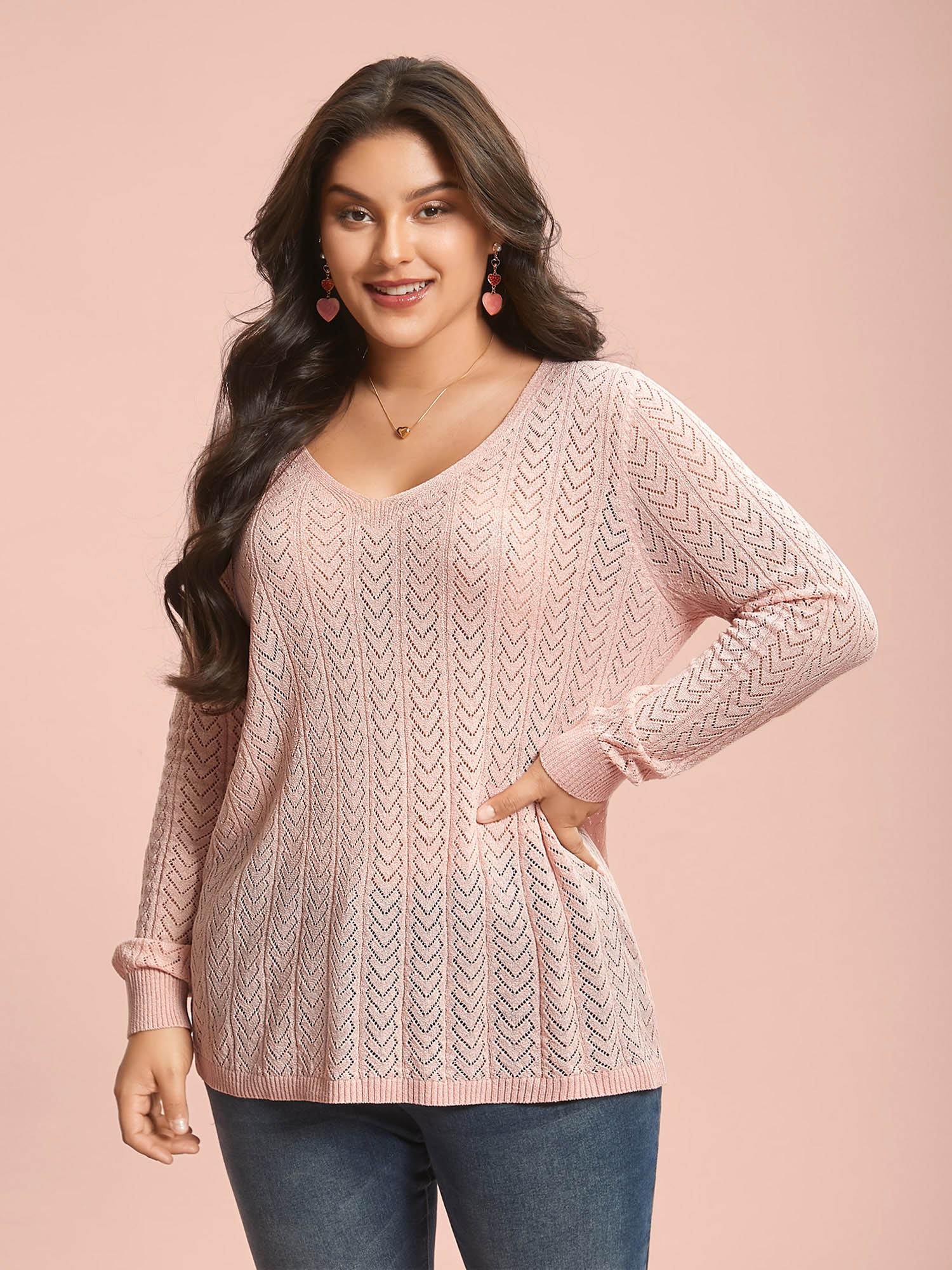 

Plus Size Plain Hollow Out Romantic Textured Pullover Nudepink Women Casual Loose Long Sleeve V-neck Everyday Pullovers BloomChic 32/5X