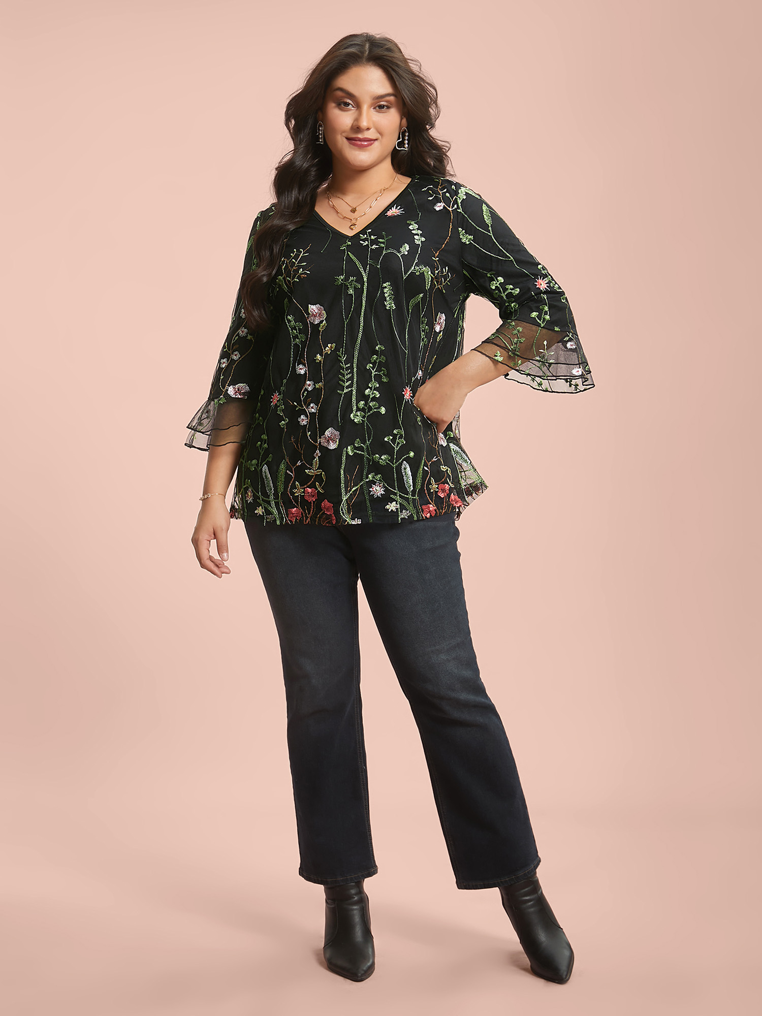 

Plus Size Black Embroidered Mesh Lotus Leaf Sleeve Blouse Women Elegant Elbow-length sleeve V-neck Everyday Blouses BloomChic 32/5X