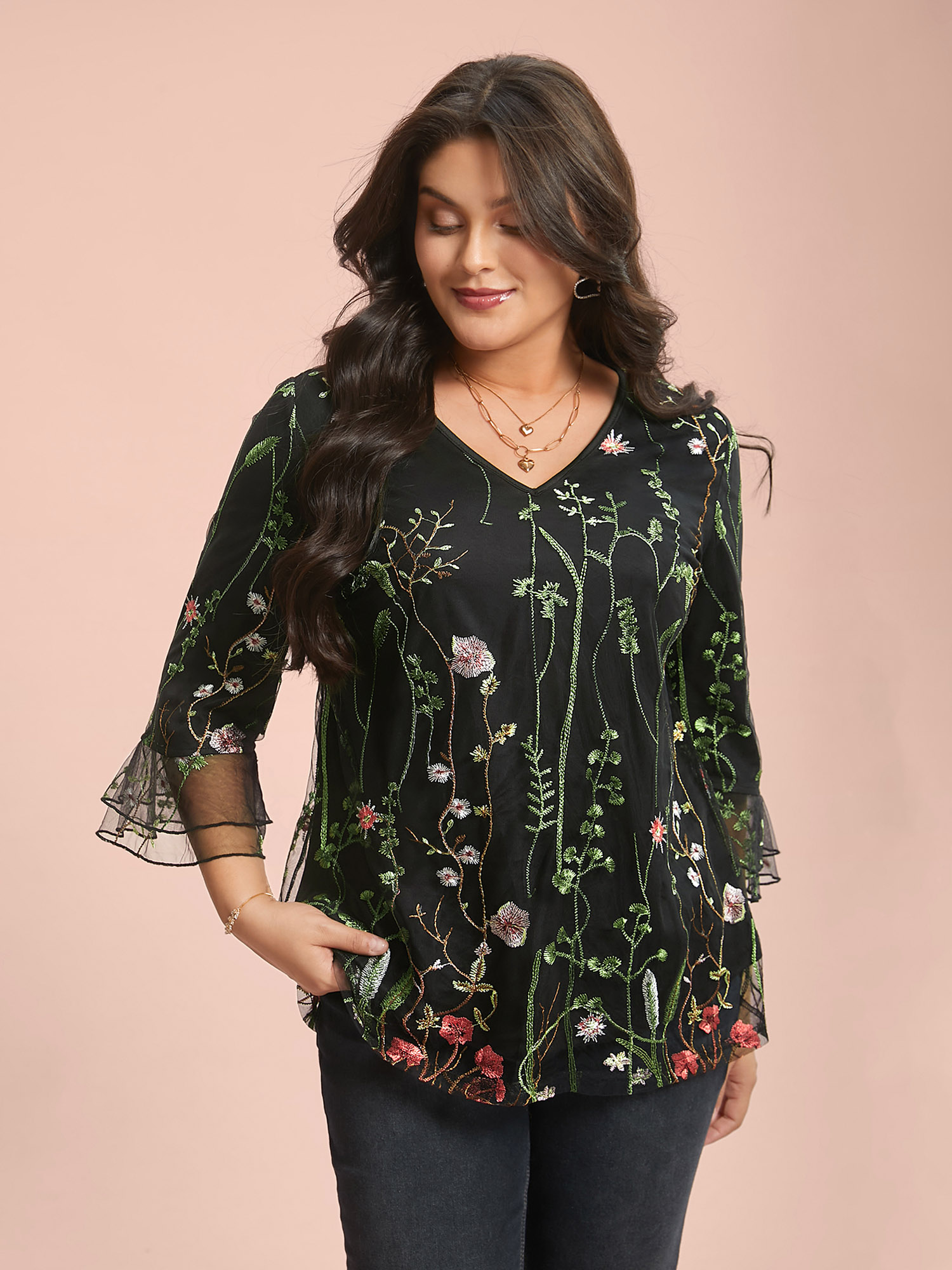 

Plus Size Black Embroidered Mesh Lotus Leaf Sleeve Blouse Women Elegant Elbow-length sleeve V-neck Everyday Blouses BloomChic 16/L