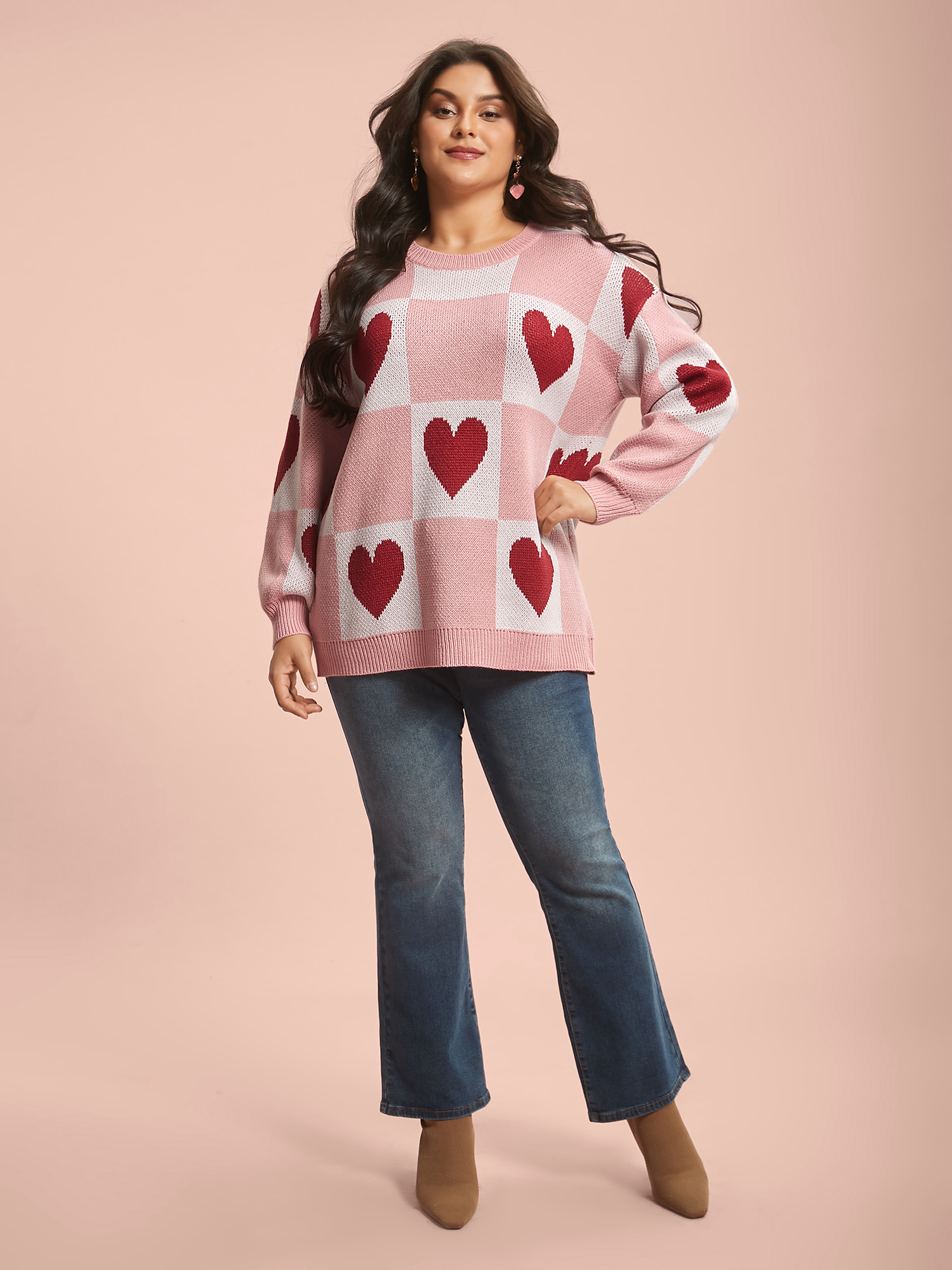 

Plus Size Checkered Hearts Jacquard Color-Contrast Pullover Watermelon Women Casual Loose Long Sleeve Round Neck Everyday Pullovers BloomChic 26-28/3X