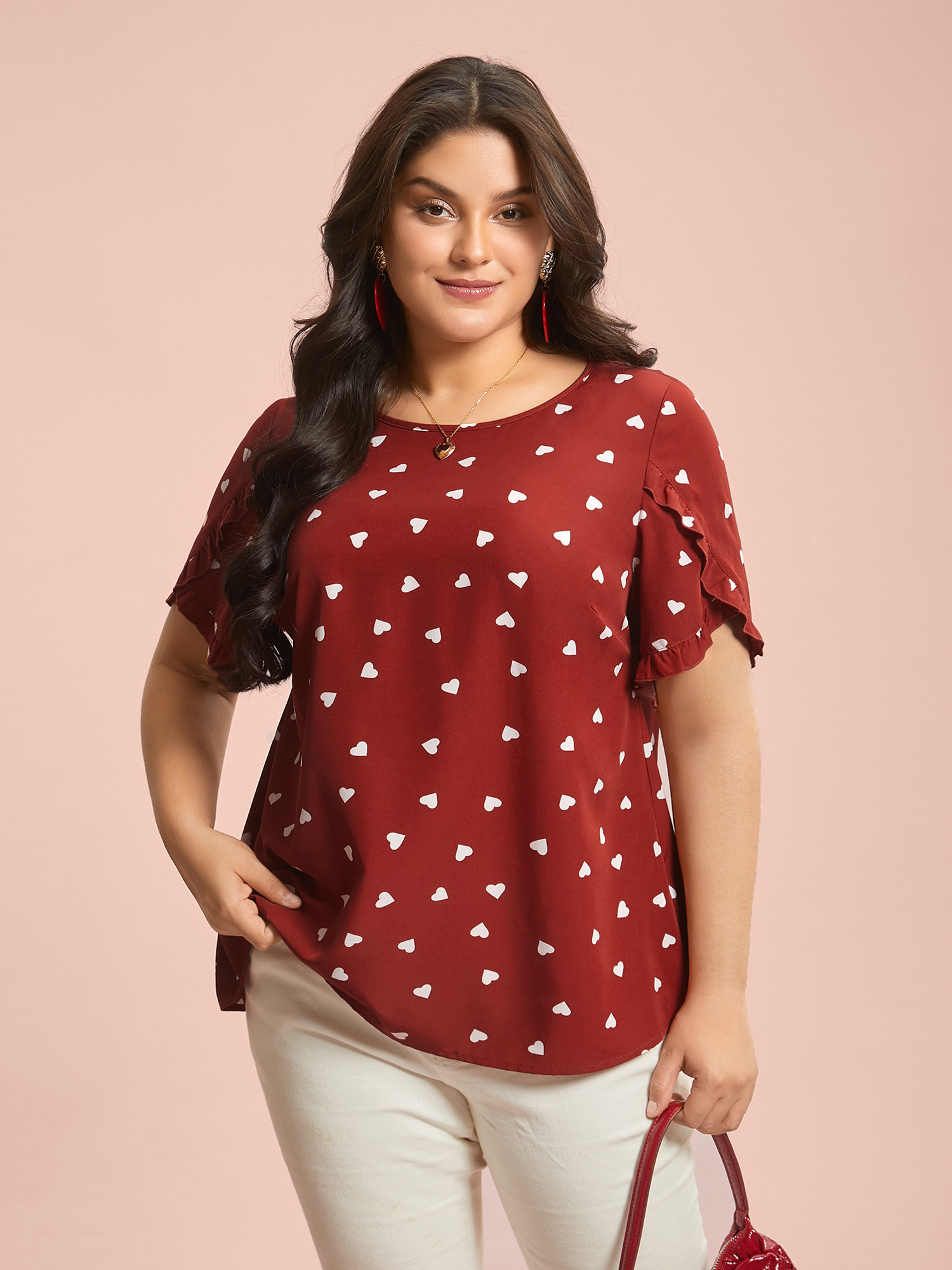 

Plus Size Scarlet Ruffled Overlap Sleeve Heart Pattern Blouse Women Elegant Short sleeve Round Neck Everyday Blouses BloomChic 14/M