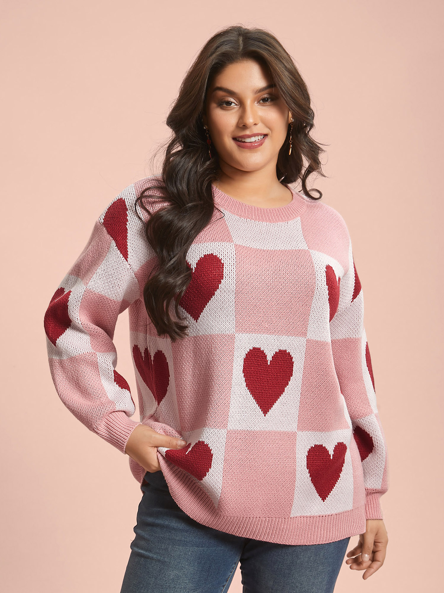 

Plus Size Checkered Hearts Jacquard Color-Contrast Pullover Watermelon Women Casual Loose Long Sleeve Round Neck Everyday Pullovers BloomChic 16/L