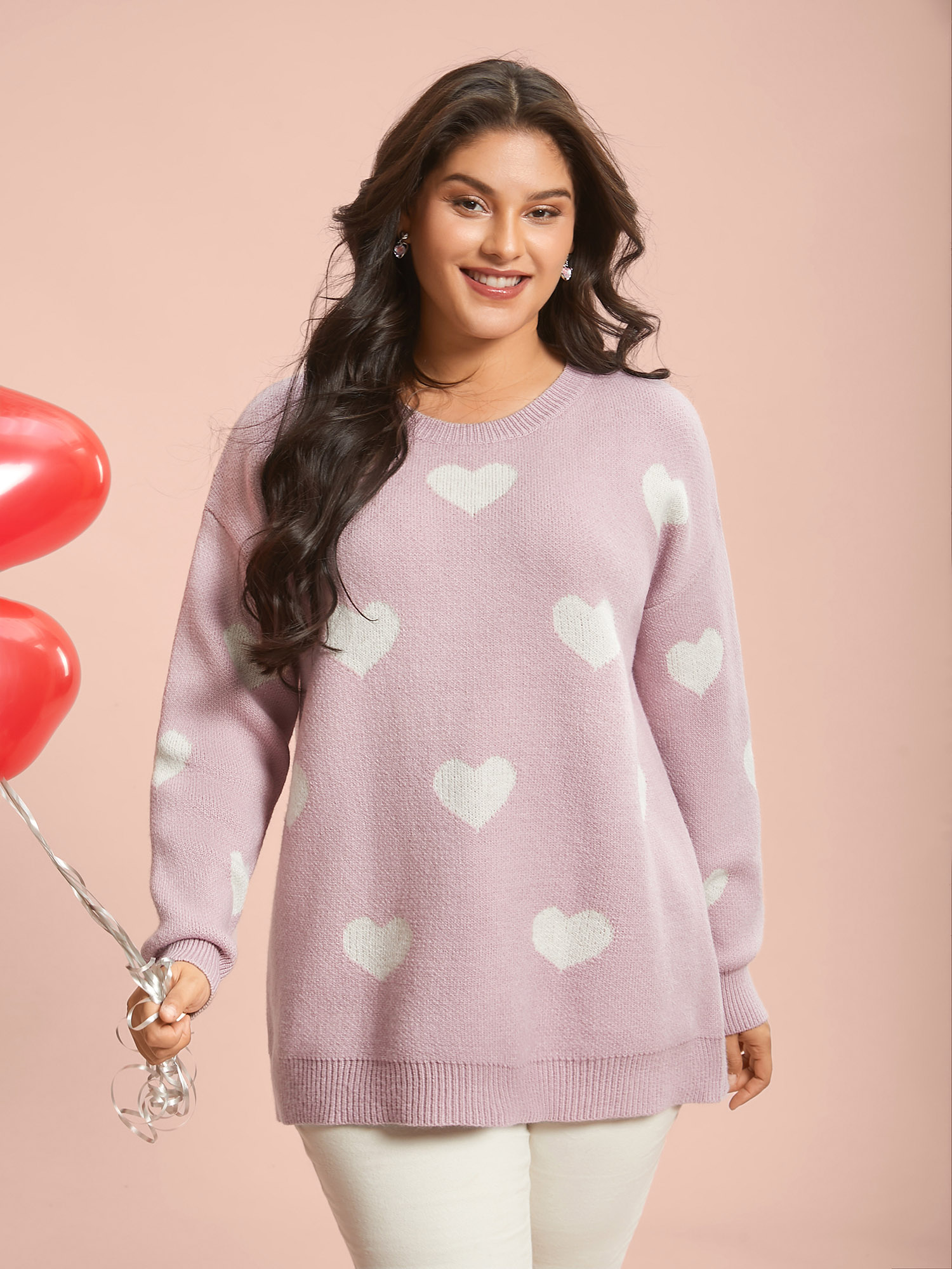 

Plus Size Heart Jacquard Contrast Ribbed Hem Pullover Lightpink Women Casual Loose Long Sleeve Round Neck Everyday Pullovers BloomChic 16/L