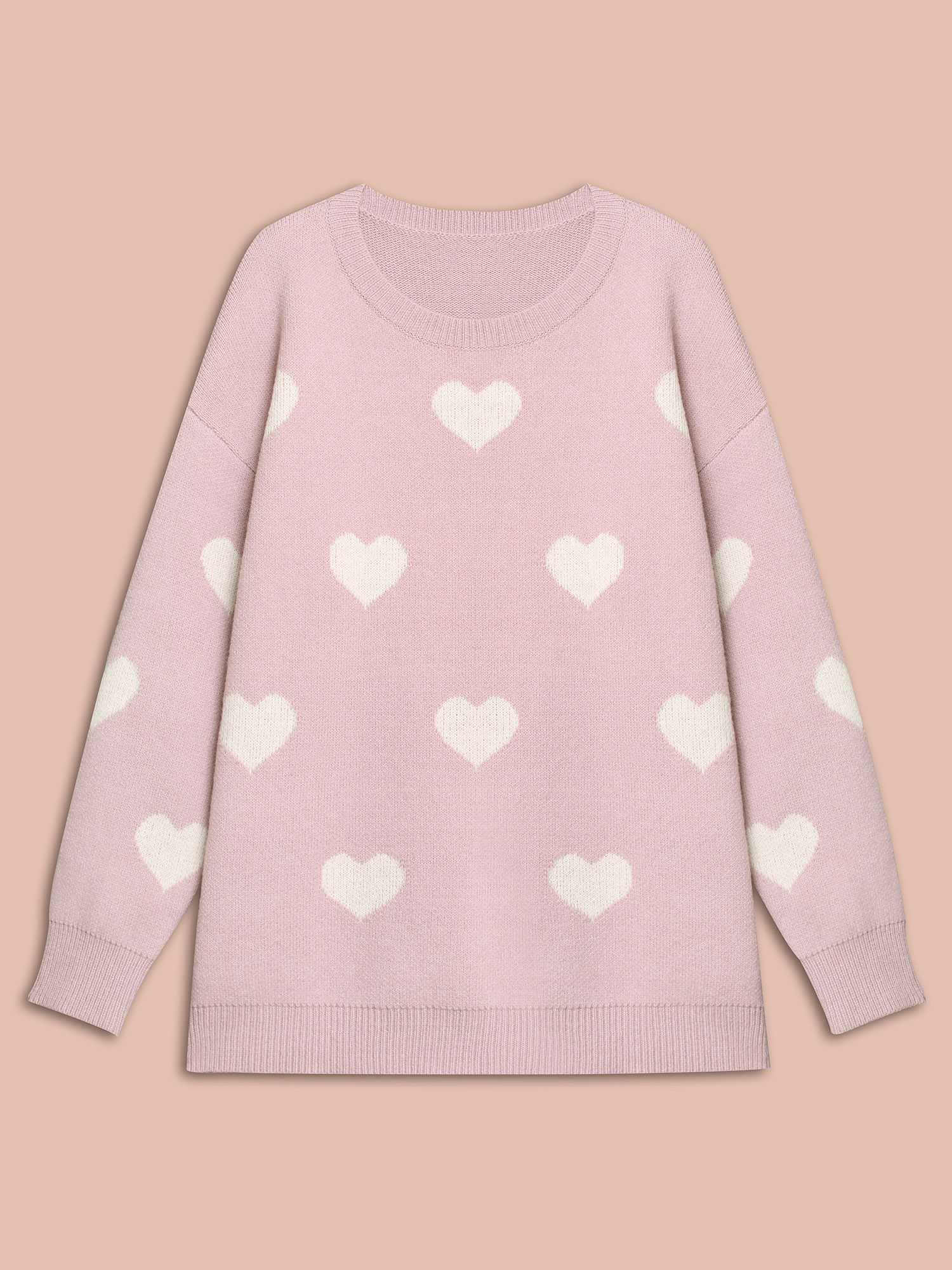 

Plus Size Heart Jacquard Contrast Ribbed Hem Pullover Lightpink Women Casual Loose Long Sleeve Round Neck Everyday Pullovers BloomChic 34/6X