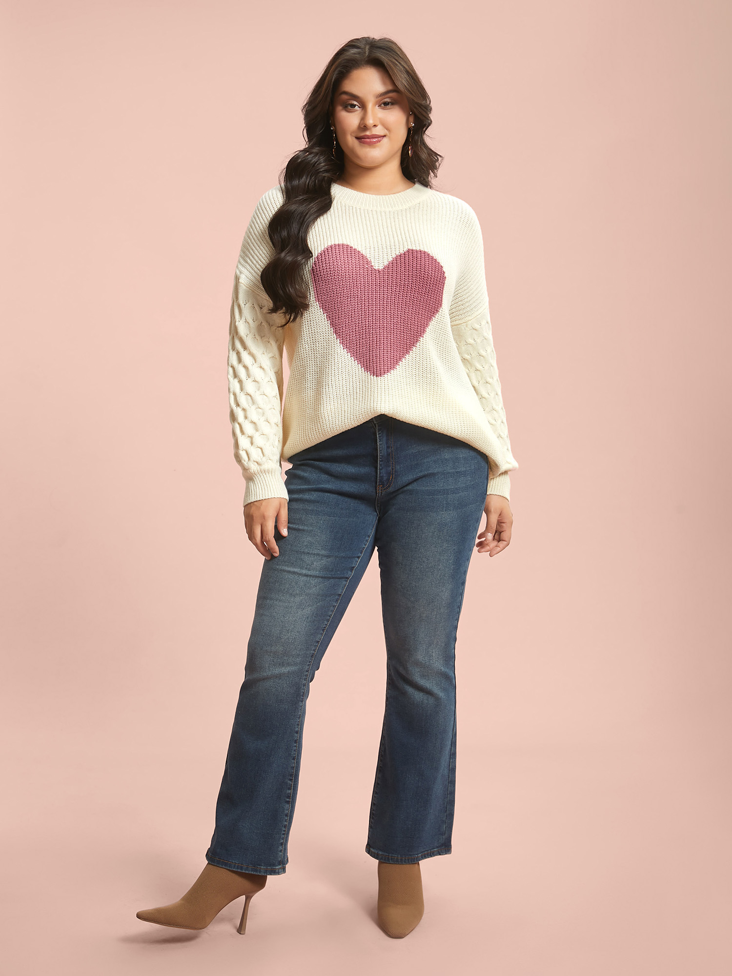 

Plus Size Round Neck Heart Cable Knit Pullover Ivory Women Casual Loose Long Sleeve Round Neck Everyday Pullovers BloomChic 34/6X