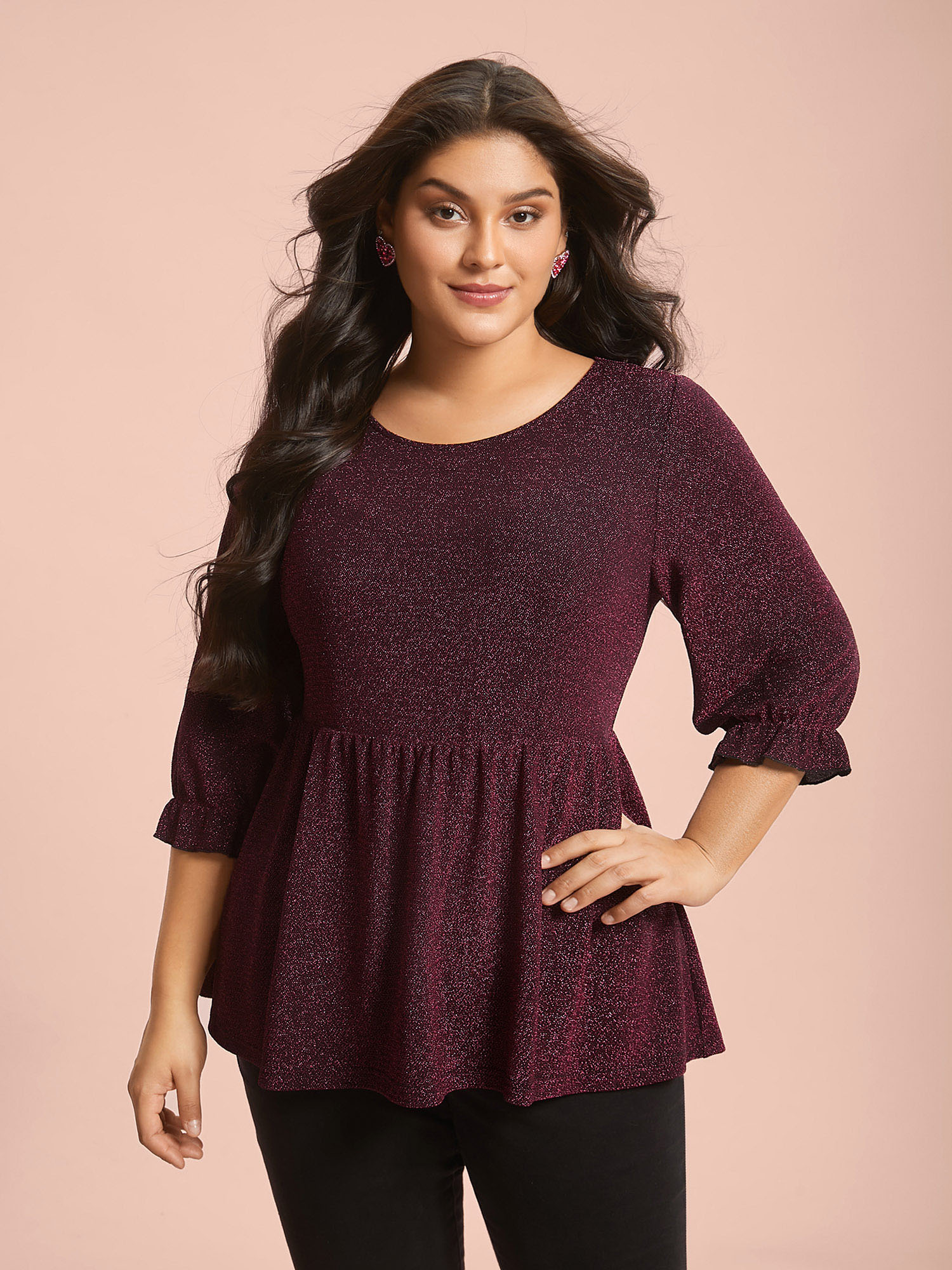 

Plus Size Eggplant Crew Neck Luxe Ruffle Gathered Blouse Women Elegant Elbow-length sleeve Round Neck Everyday Blouses BloomChic