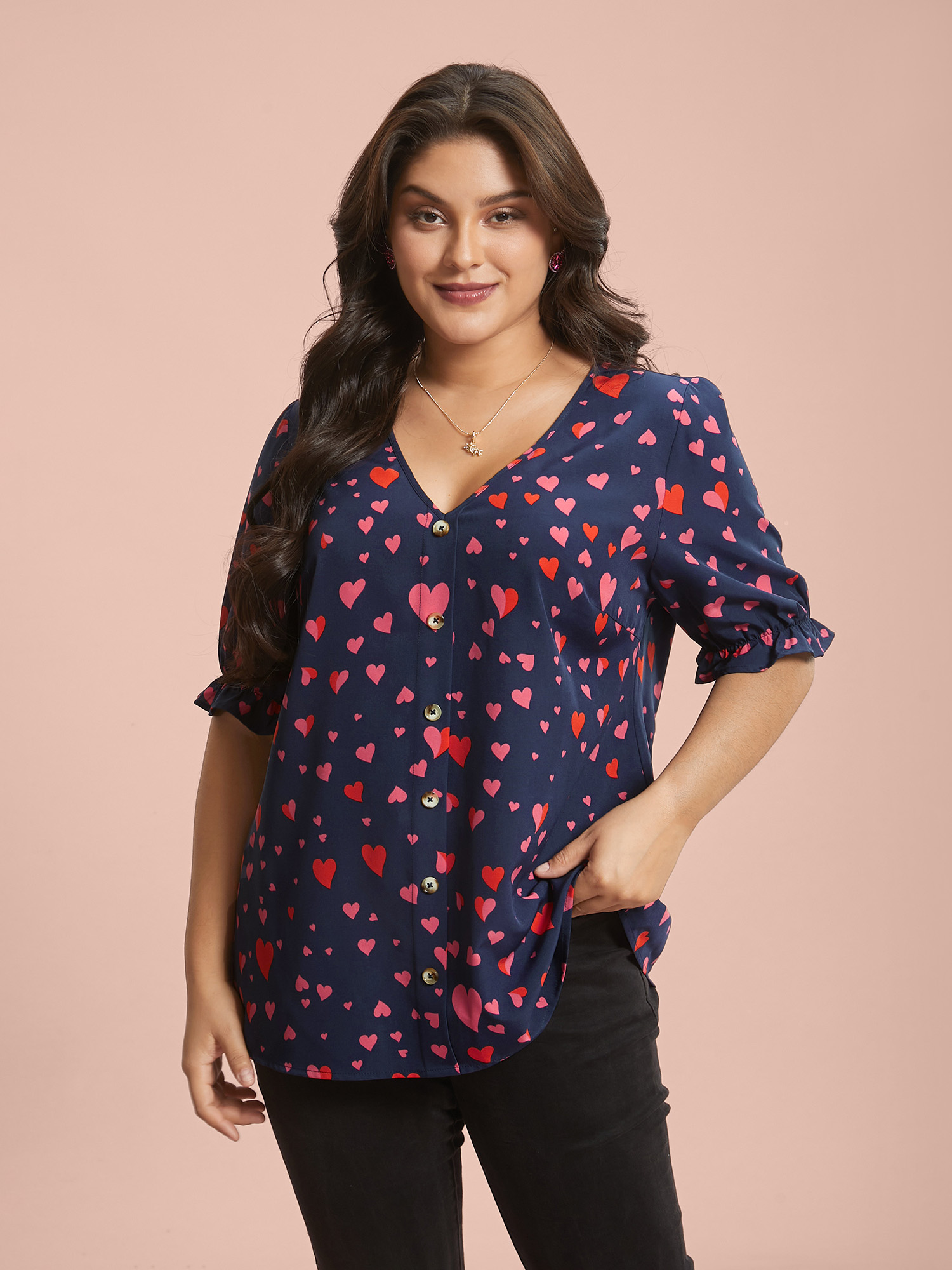 

Plus Size Indigo Heart Pattern Button Detail Ruffle Blouse Women Elegant Short sleeve V-neck Everyday Blouses BloomChic 30/4X