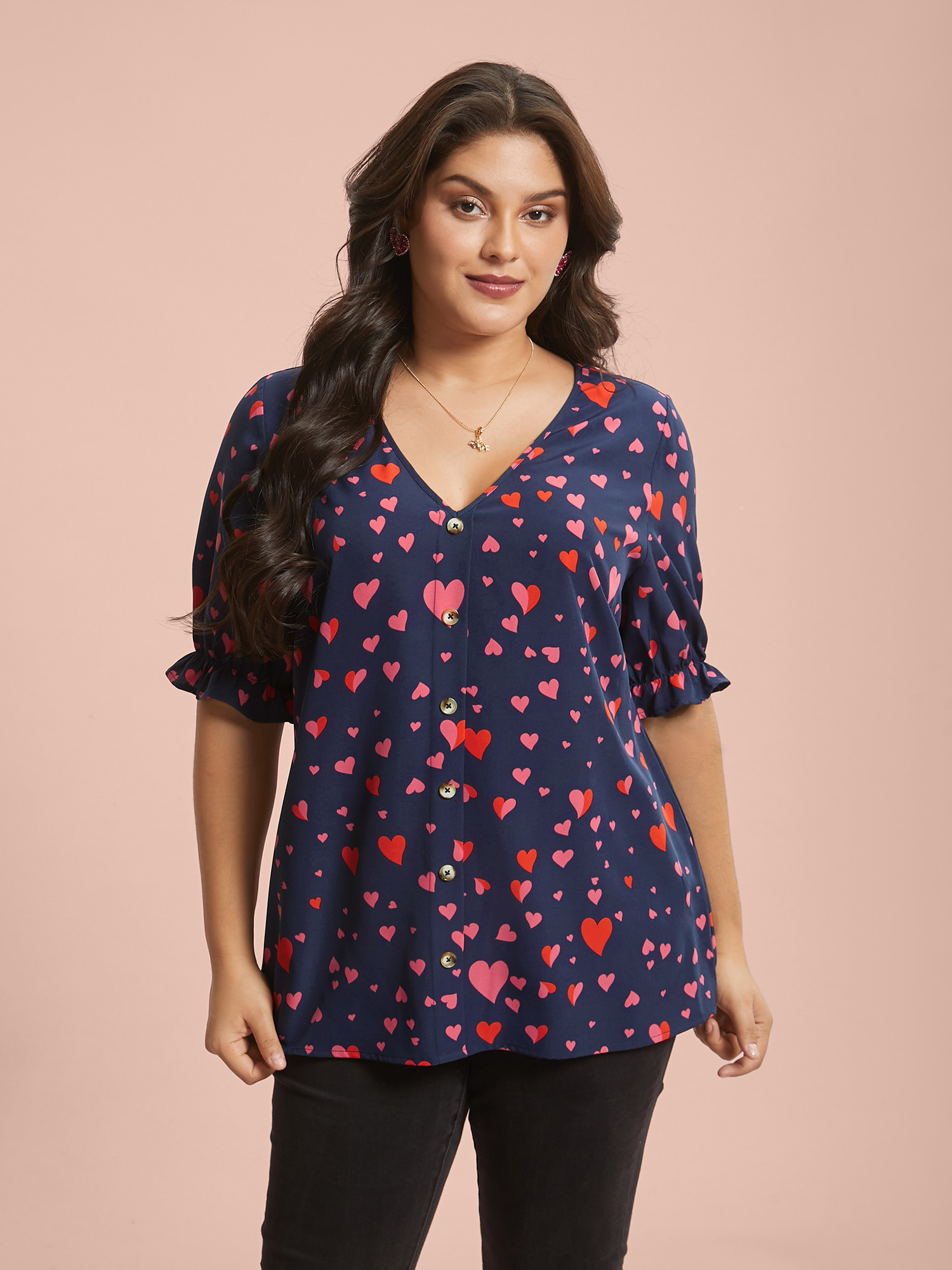 

Plus Size Indigo Heart Pattern Button Detail Ruffle Blouse Women Elegant Short sleeve V-neck Everyday Blouses BloomChic