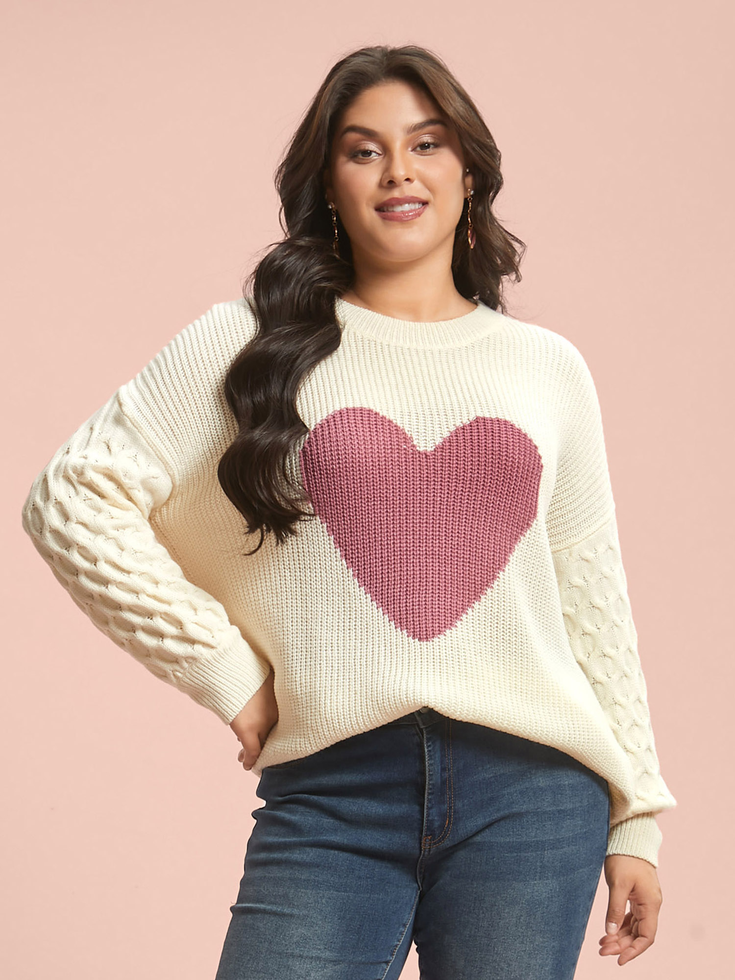 

Plus Size Round Neck Heart Cable Knit Pullover Ivory Women Casual Loose Long Sleeve Round Neck Everyday Pullovers BloomChic 16/L