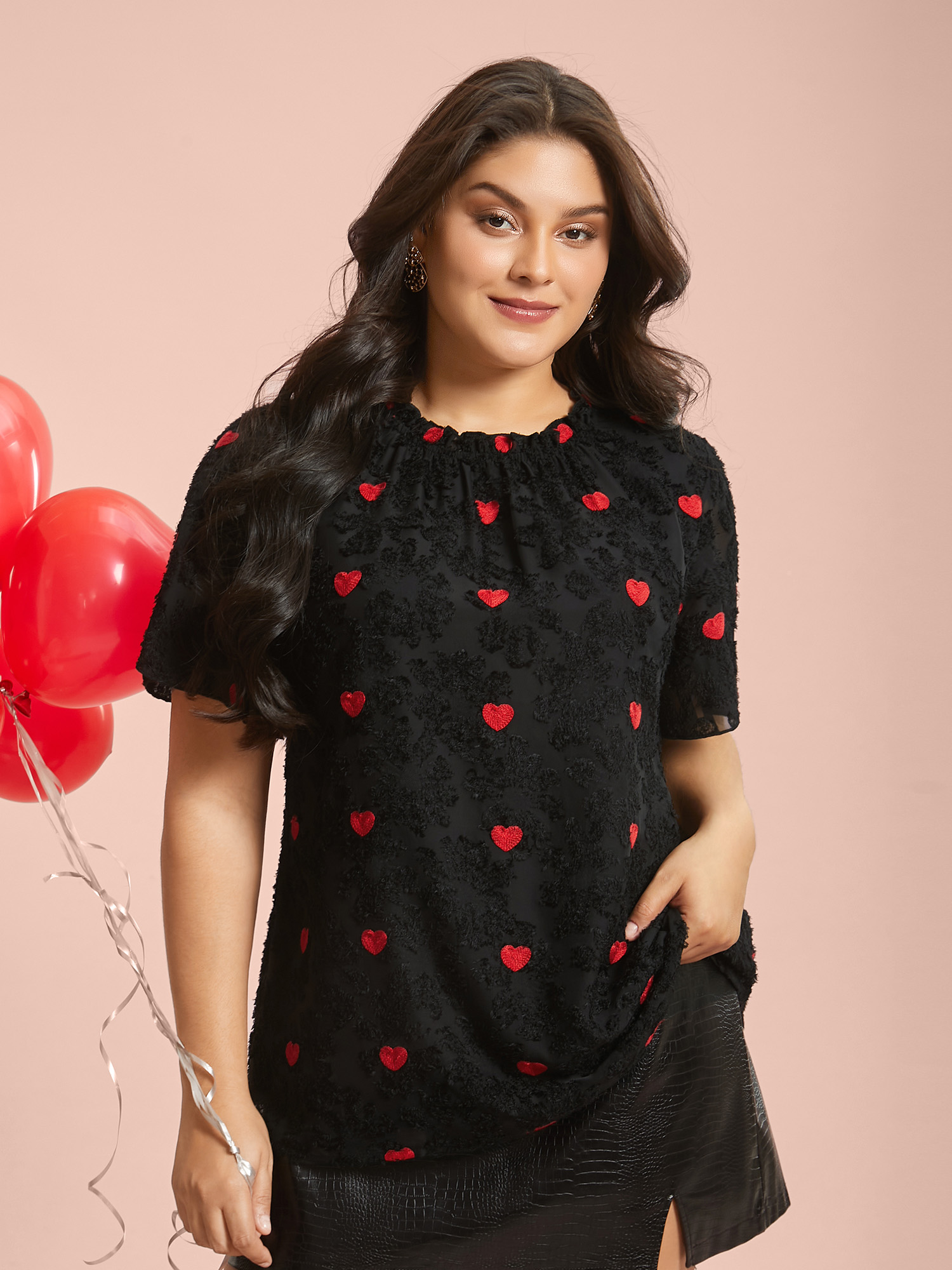 

Plus Size Black Heart Jacquard Frill Trim Textured Blouse Women Elegant Short sleeve Mock Neck Everyday Blouses BloomChic 14/M