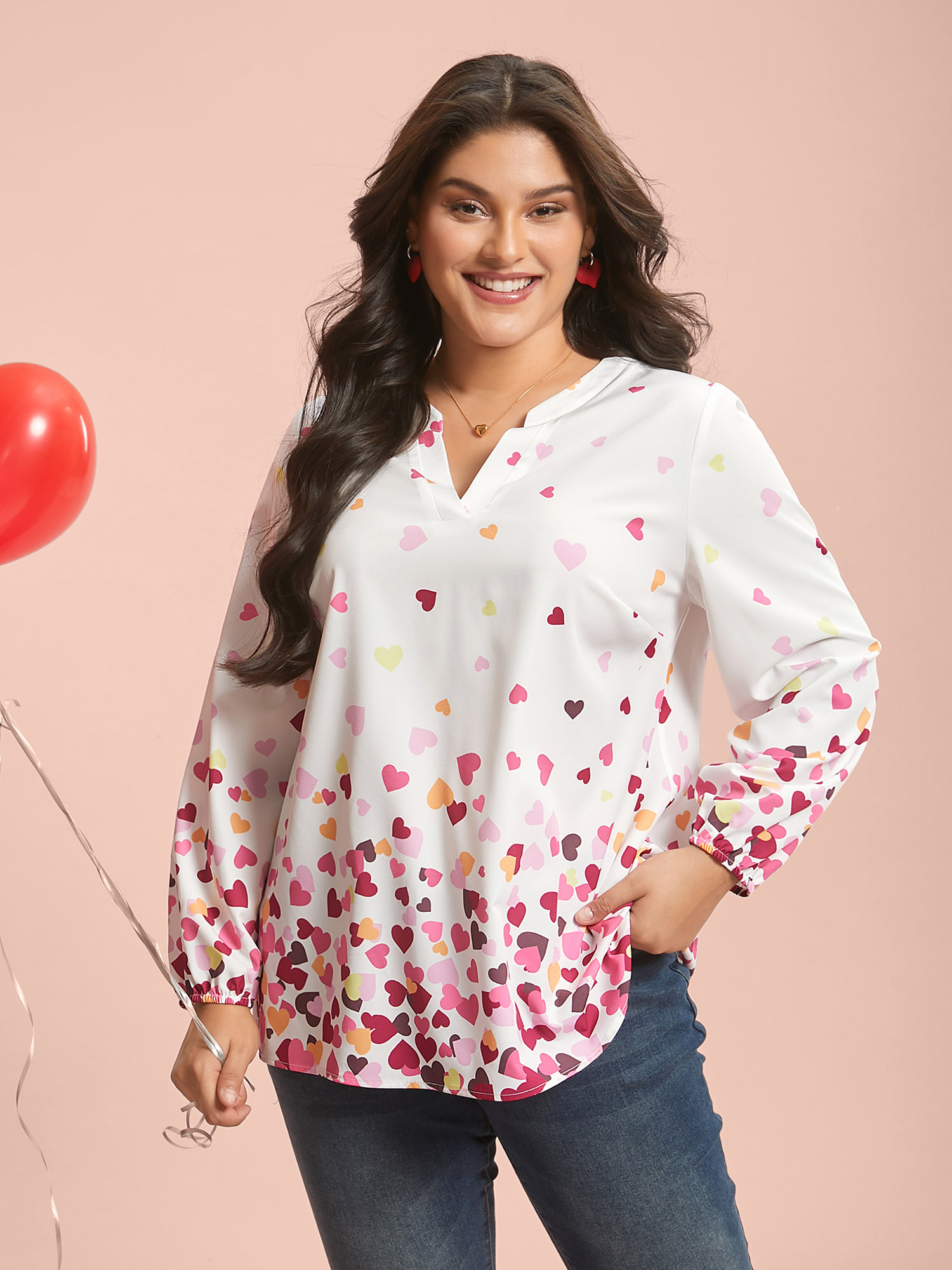 

Plus Size WhiteSmoke Notched Collar Multi-Color Hearts Blouse Women Elegant Extra Long Sleeve Flat collar with V-notch Everyday Blouses BloomChic 32/5X