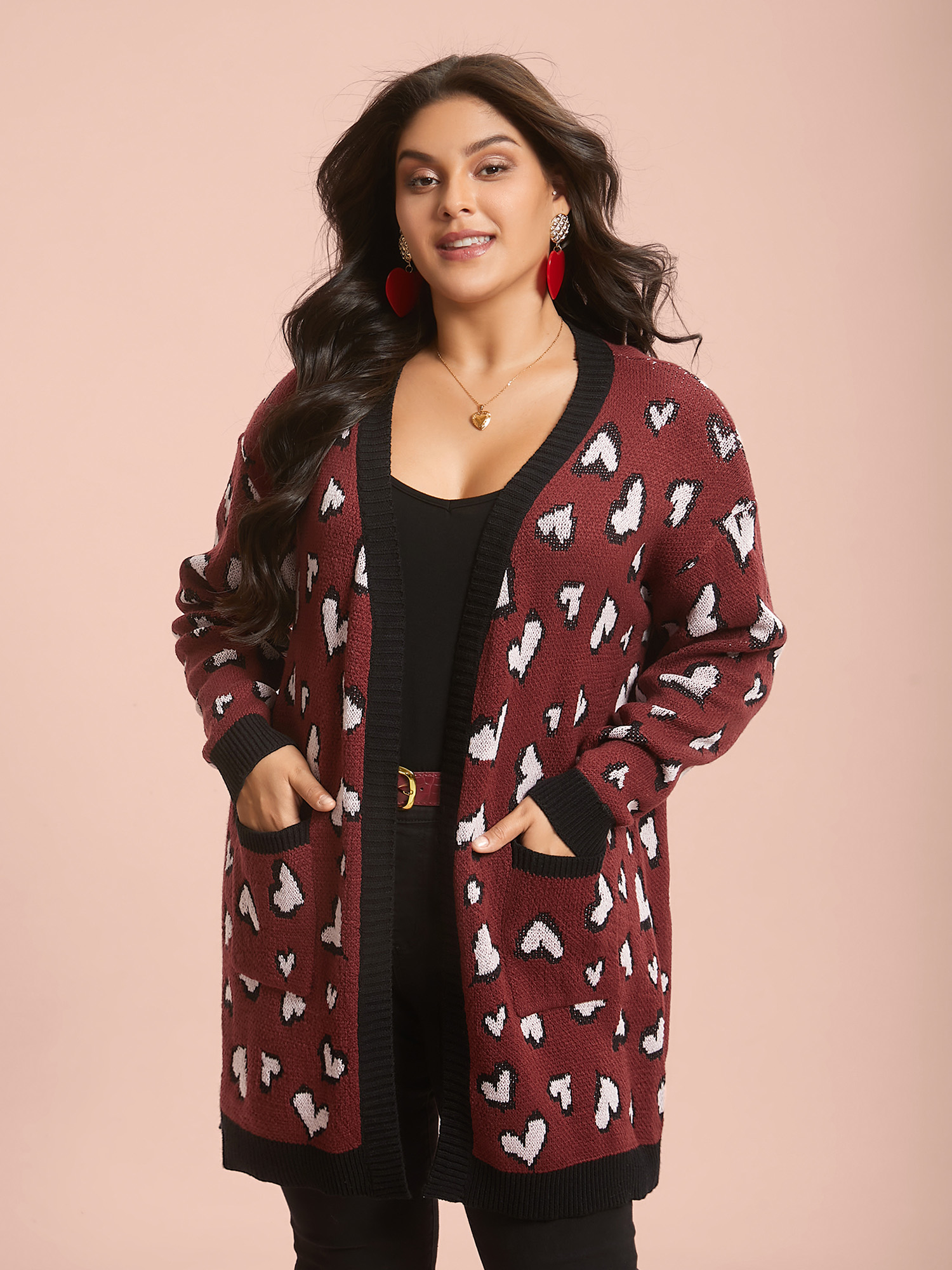 

Plus Size Hearts All Over Open Front Contrast Cardigan Deepred Women Casual Loose Long Sleeve Everyday Cardigans BloomChic 34/6X