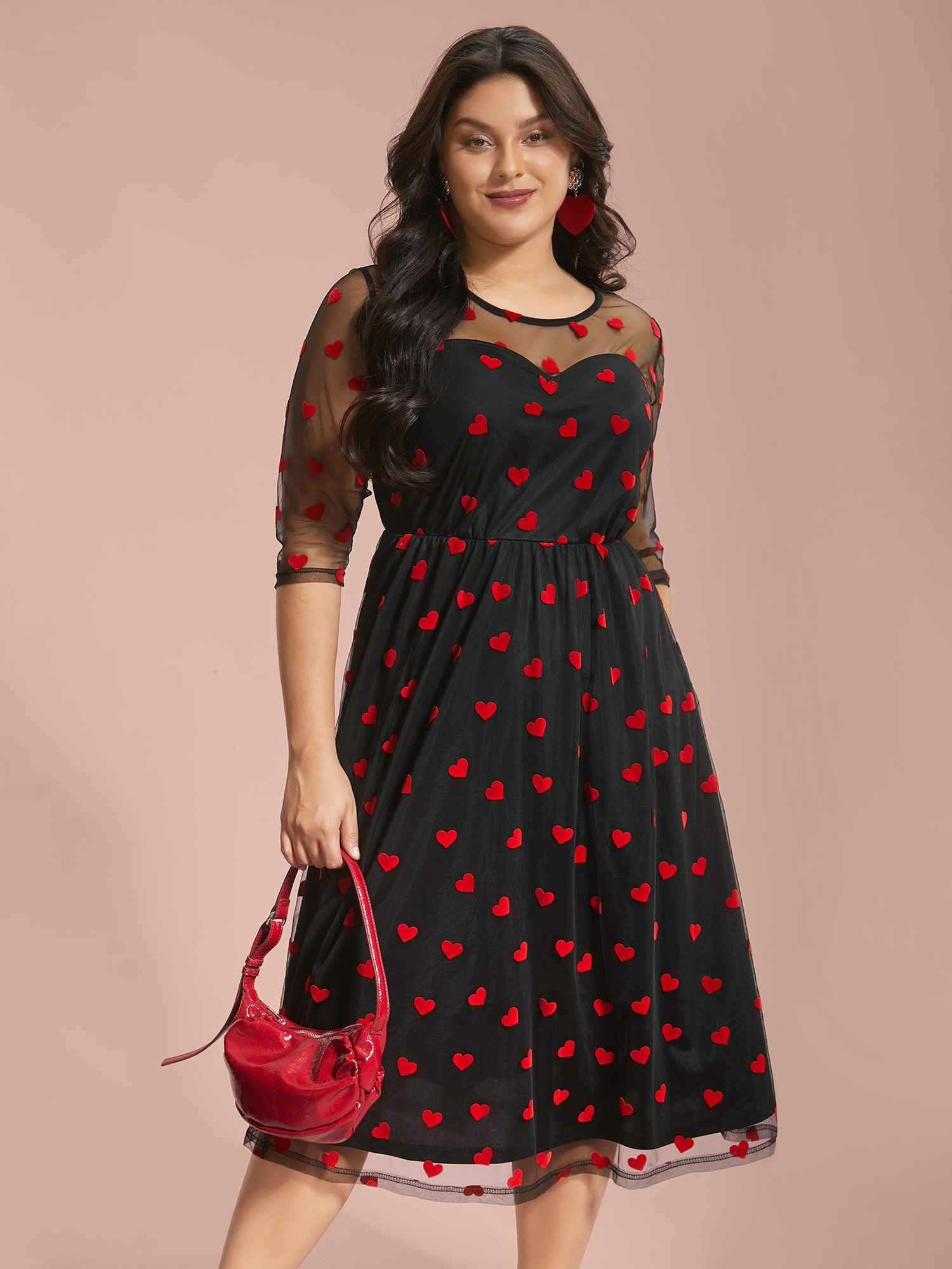 

Plus Size Flocking Heart Mesh Patchwork Midi Dress Black Women Cocktail Texture Party Curvy Bloomchic