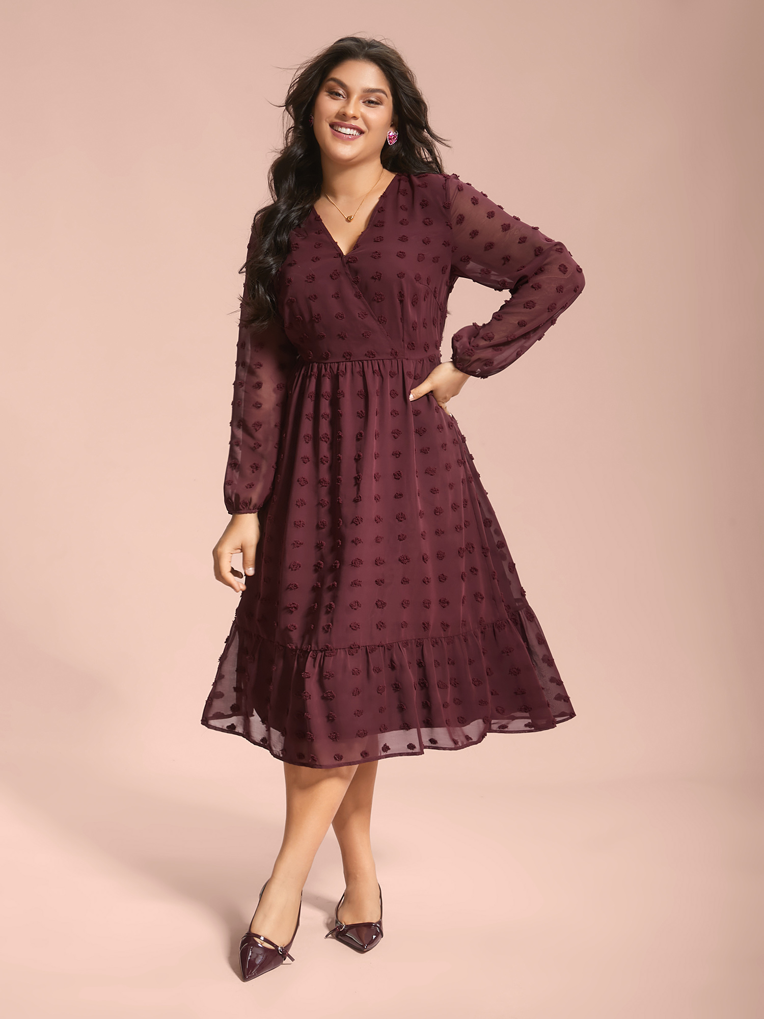 

Plus Size Surplice Neck Textured Tiered Dress Burgundy Women Elegant Texture Overlap Collar Long Sleeve Curvy BloomChic