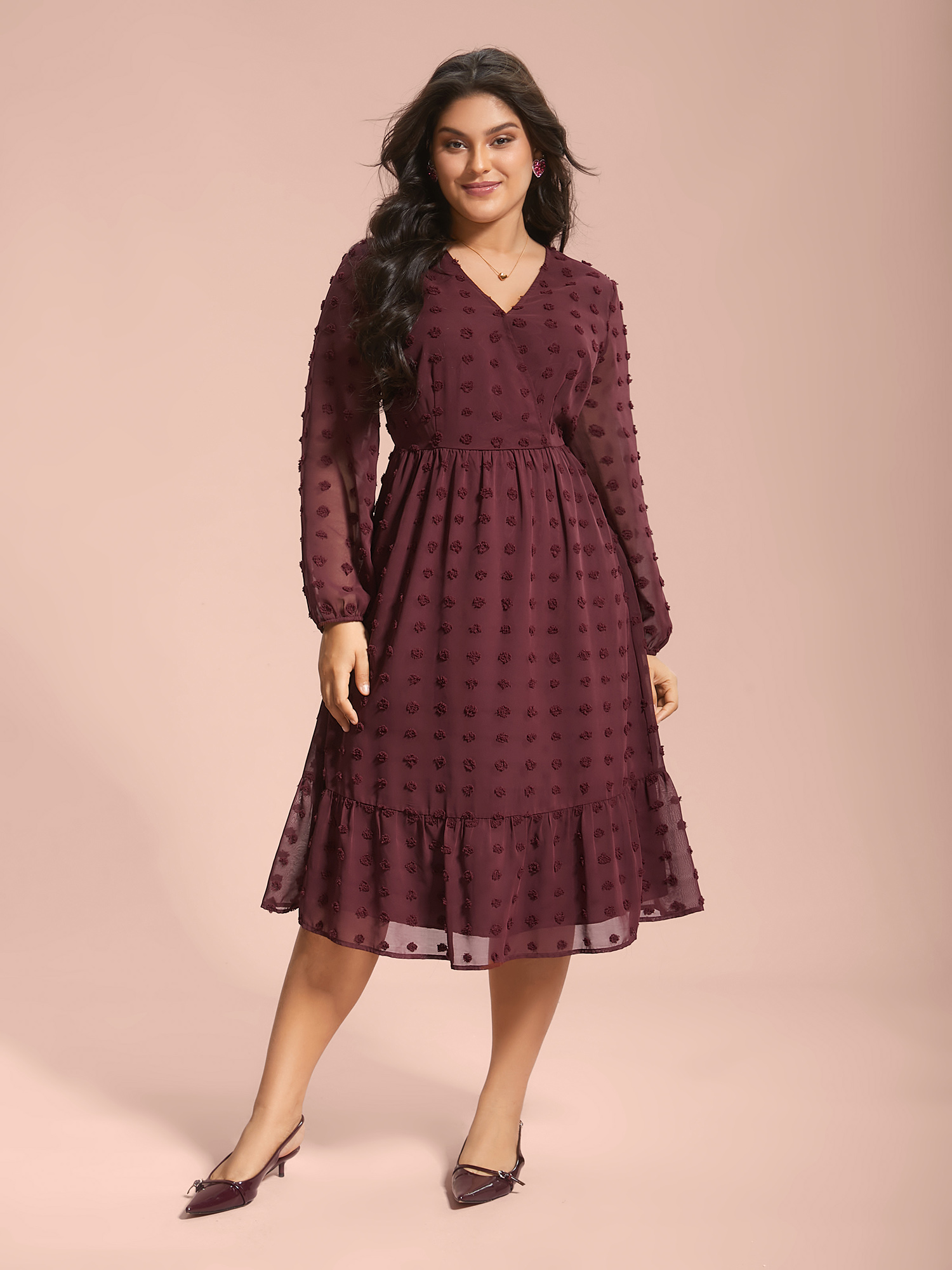 

Plus Size Surplice Neck Textured Tiered Dress Burgundy Women Elegant Texture Overlap Collar Long Sleeve Curvy BloomChic