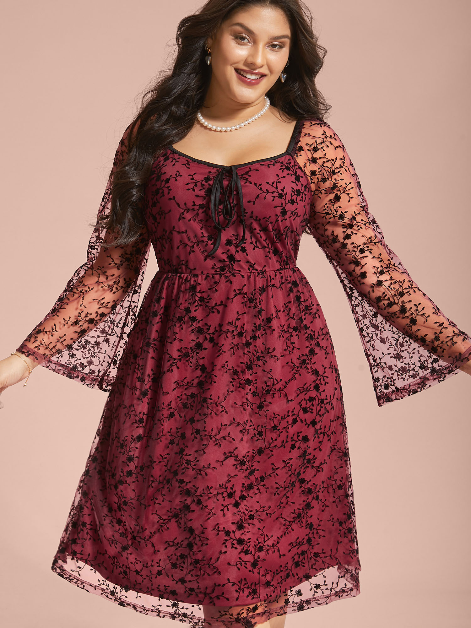 

Plus Size Floral Patchwork Mesh Neck-Tie Midi Dress Burgundy Women Elegant Tie knot Heart neckline Long Sleeve Curvy BloomChic 16/L