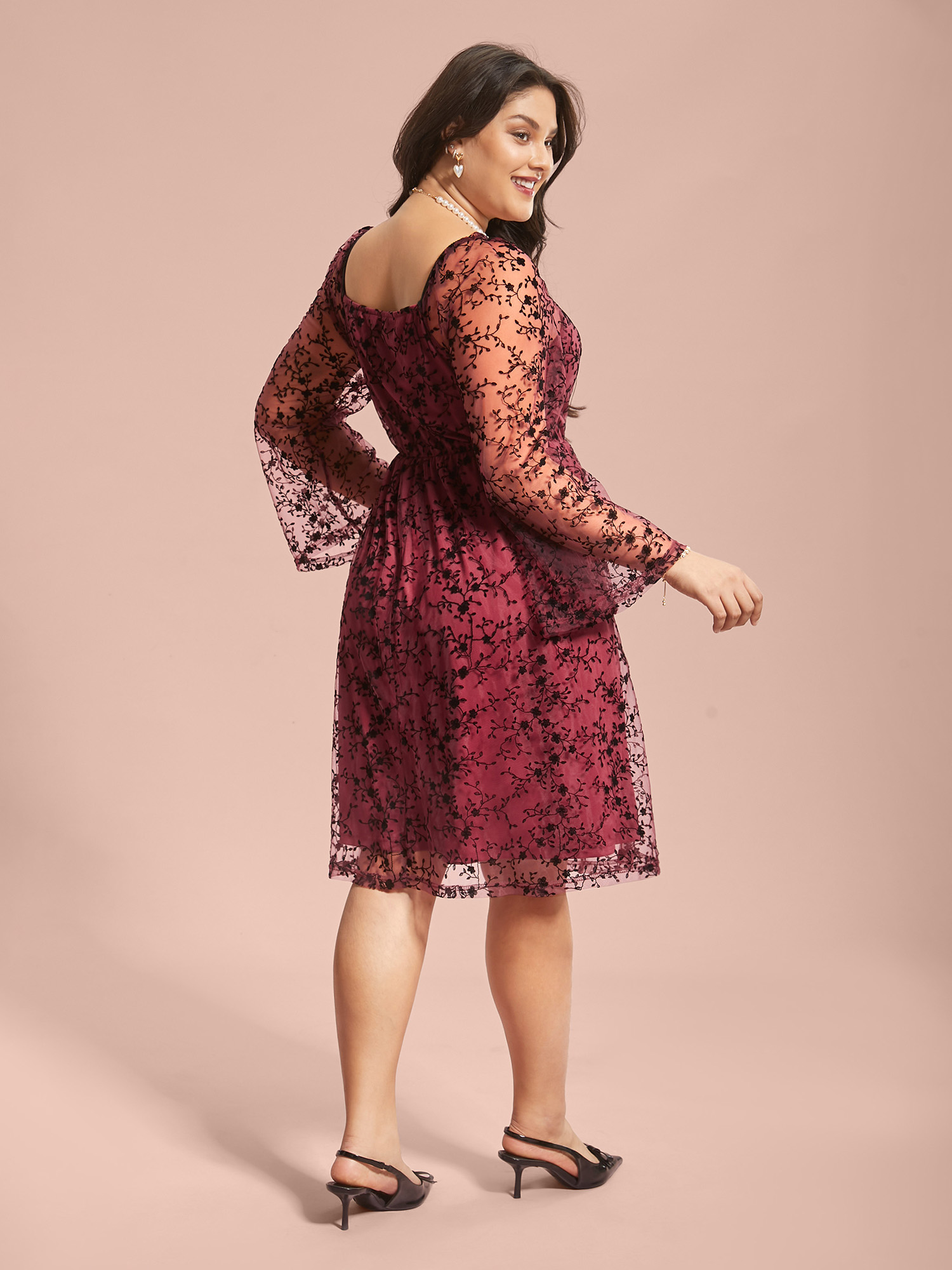 

Plus Size Floral Patchwork Mesh Neck-Tie Midi Dress Burgundy Women Elegant Tie knot Heart neckline Long Sleeve Curvy BloomChic 32/5X