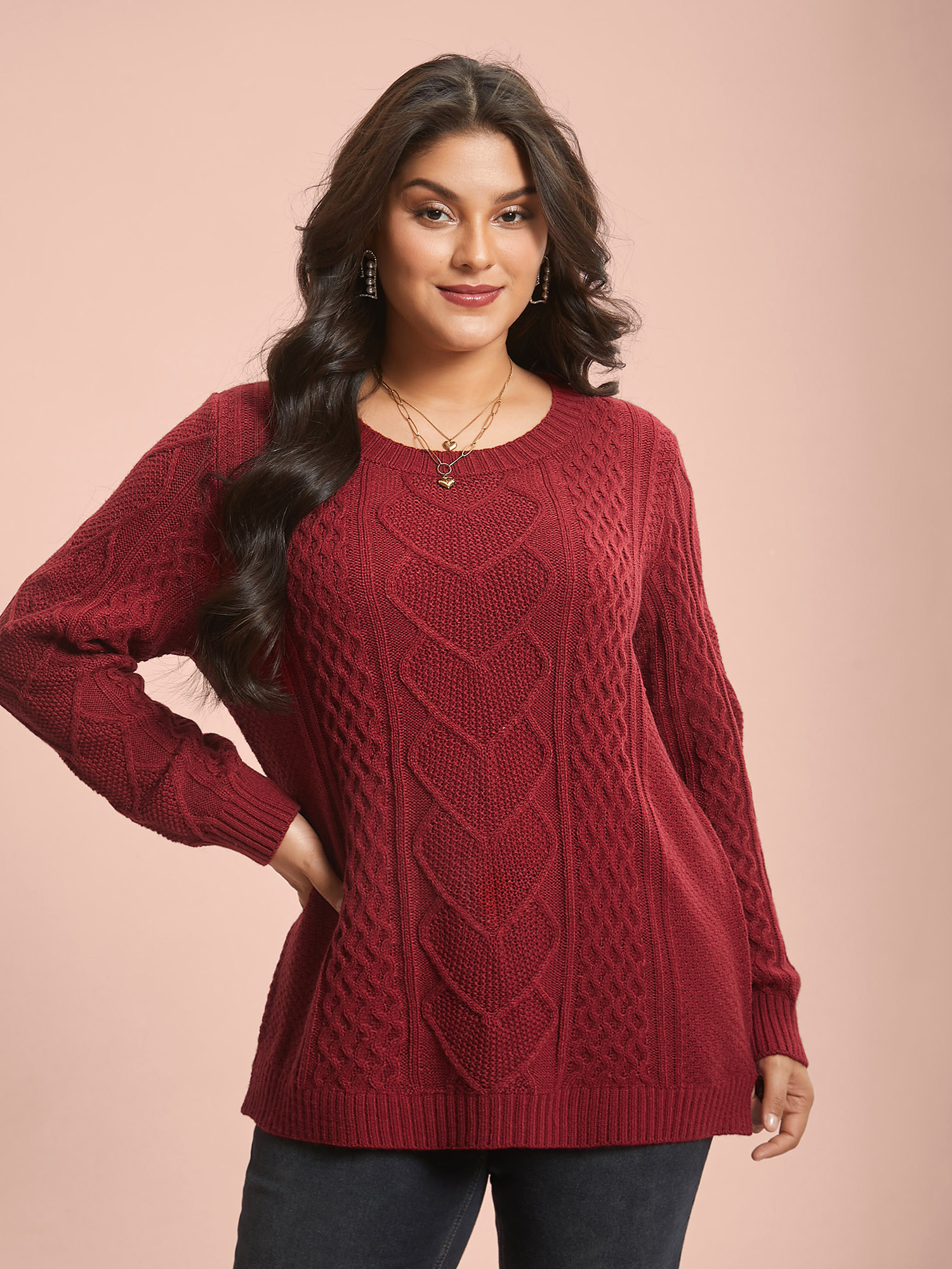 

Plus Size Crew Neck Split Hem Textured Pullover Brightred Women Casual Loose Long Sleeve Round Neck Everyday Pullovers BloomChic 14/M