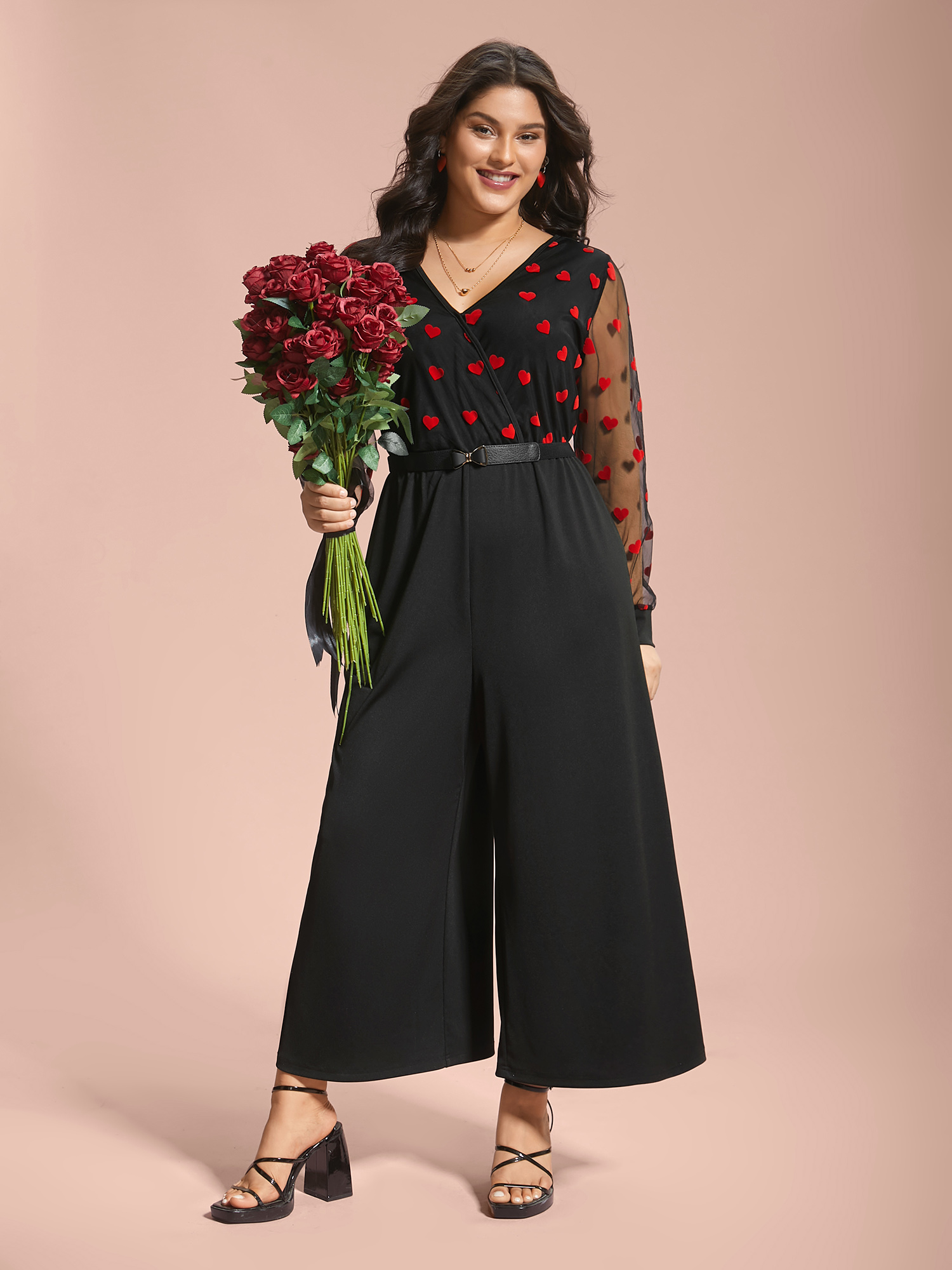 

Plus Size Black Surplice Neck Heart Flocking Mesh Patchwork Jumpsuit Women Elegant Long Sleeve Overlap Collar Everyday Loose Jumpsuits BloomChic 32/5X