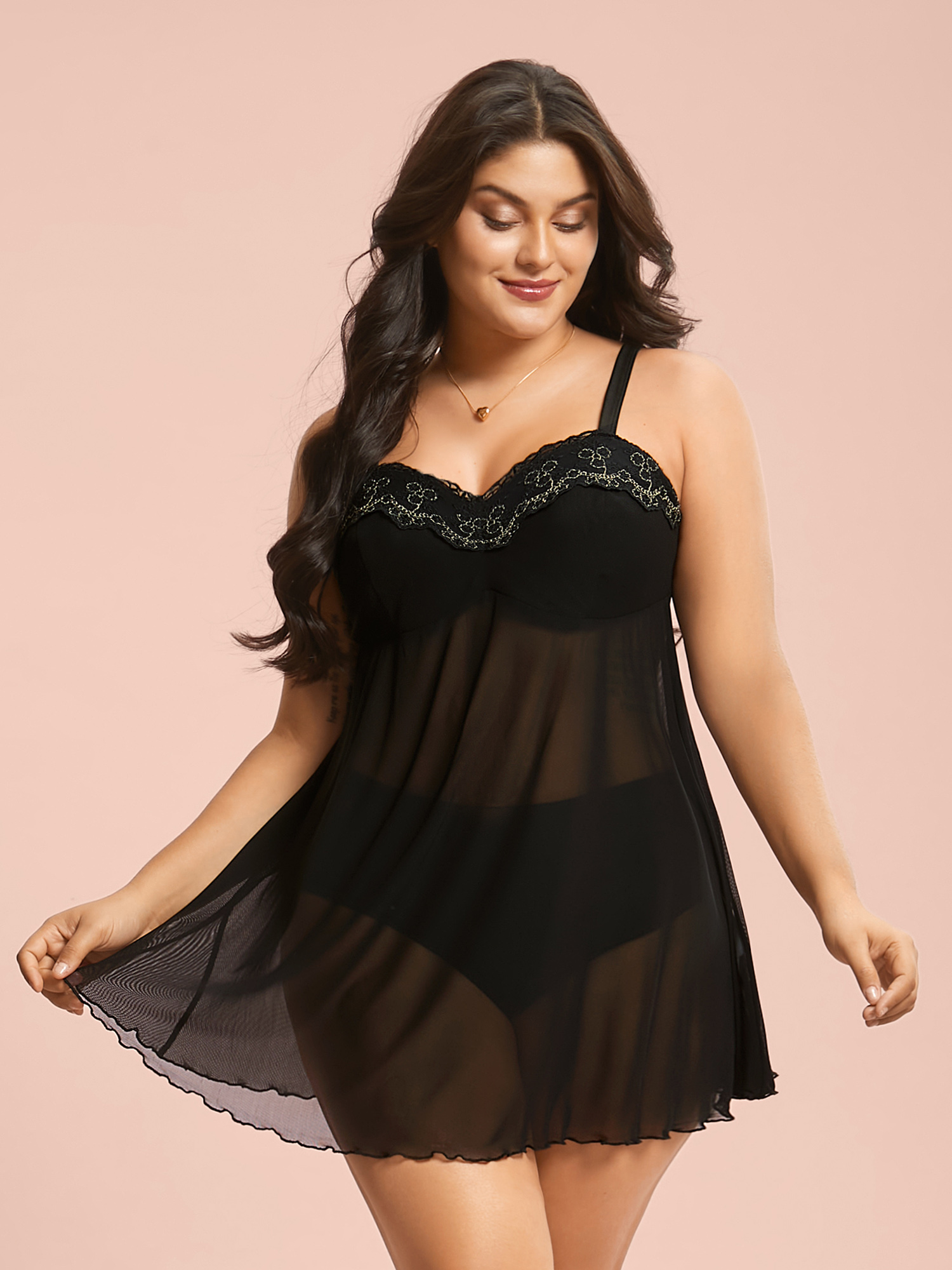 

Plus Size Lace Trim Stitch Sheer Mesh Sleep Dress Black Sleeveless Heart neckline Lounge Everyday 32/5X Bloomchic