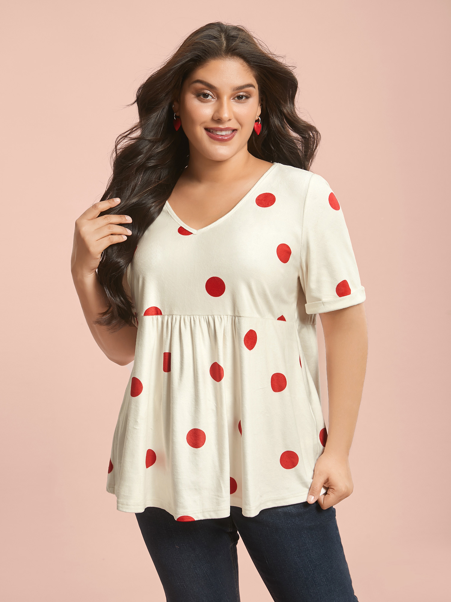 

Plus Size V-Neck Polka Dots Contrast T-Shirt Beige Women Casual Gathered V-neck Bodycon Everyday T-shirts BloomChic 16/L