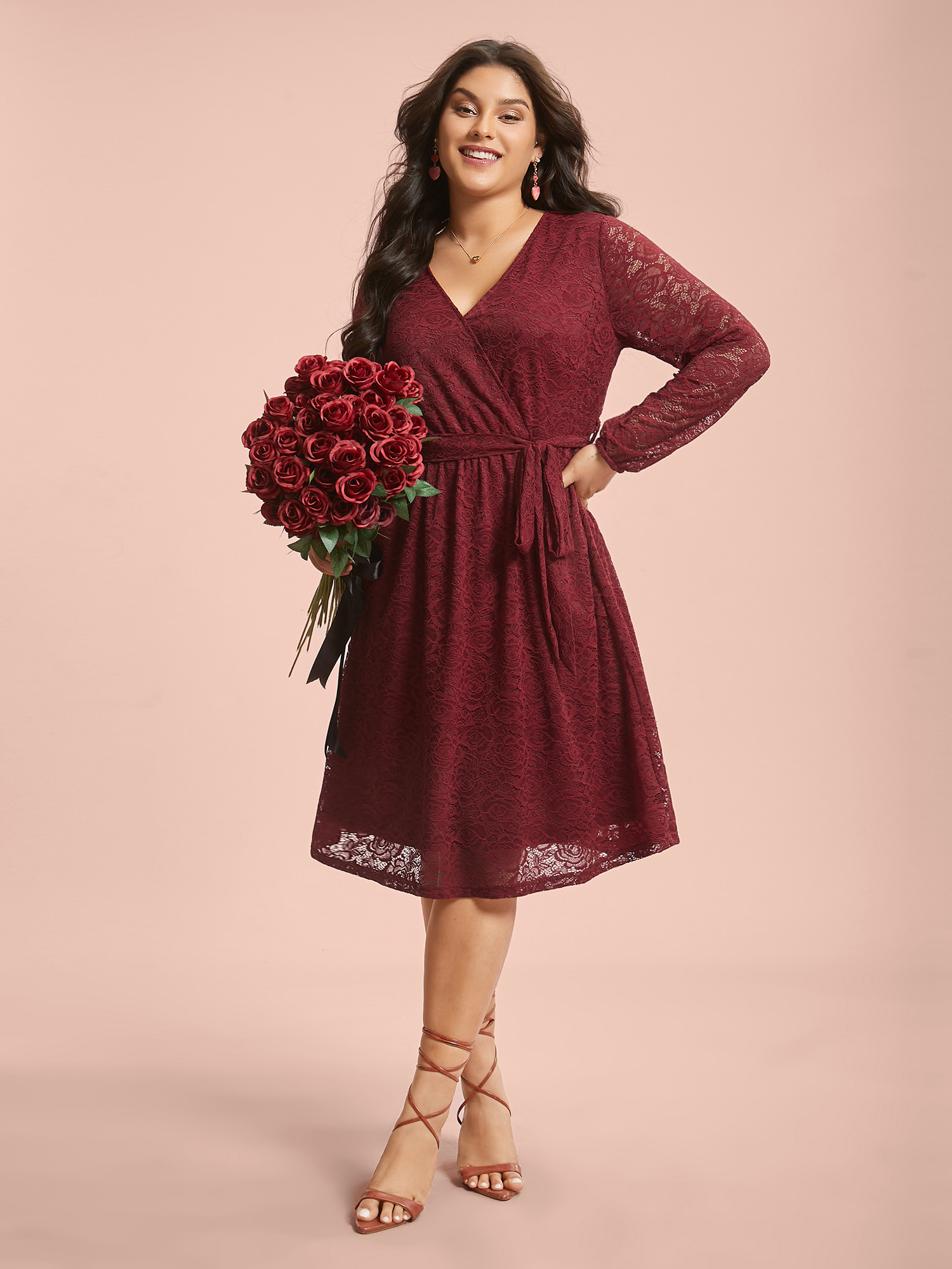 

Plus Size Crochet Lace Mesh Surplice Neck Belted Dress Burgundy Women Elegant Texture Party Curvy Bloomchic