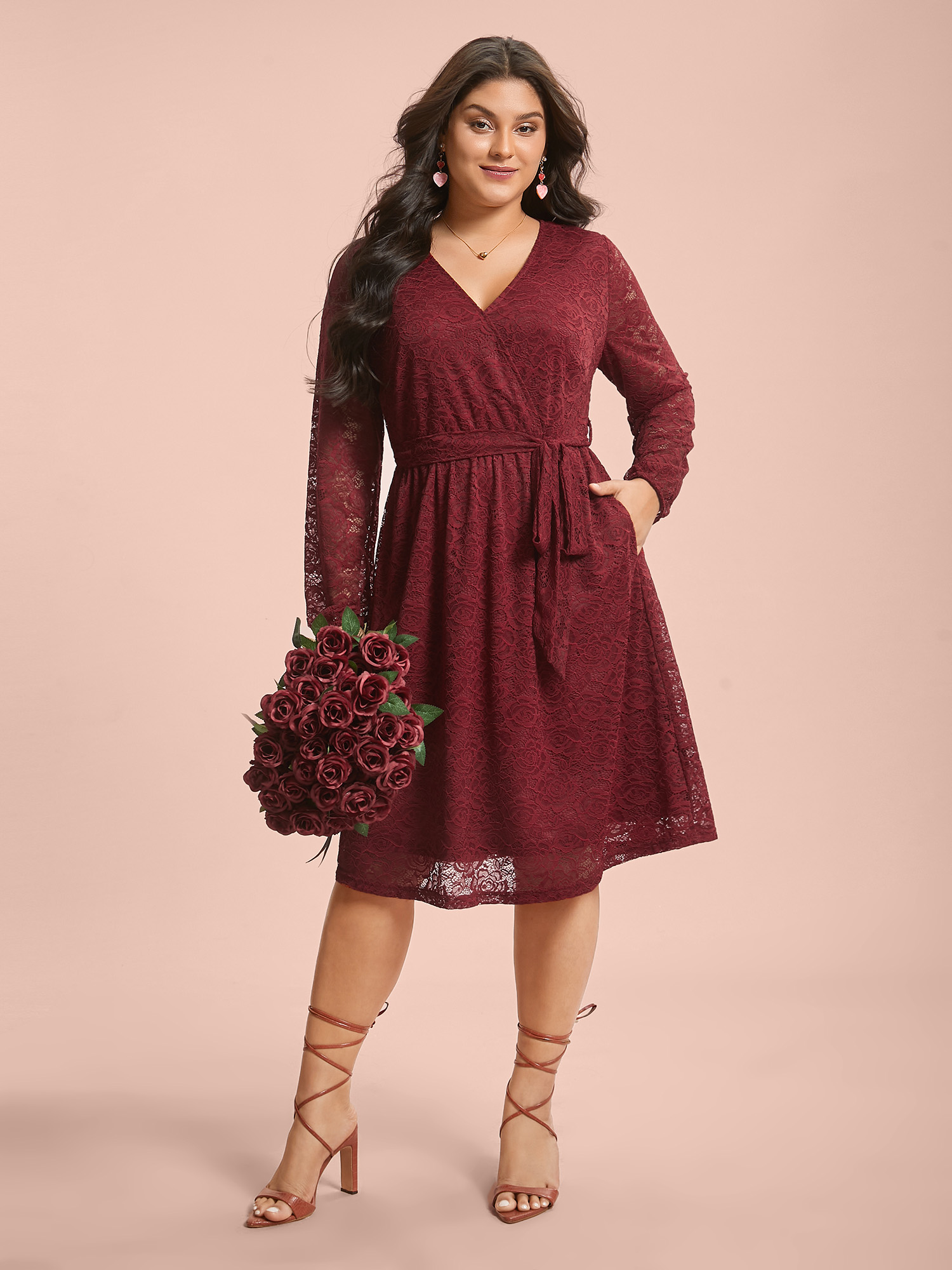 

Plus Size Crochet Lace Mesh Surplice Neck Belted Dress Burgundy Women Elegant Texture Party Curvy Bloomchic