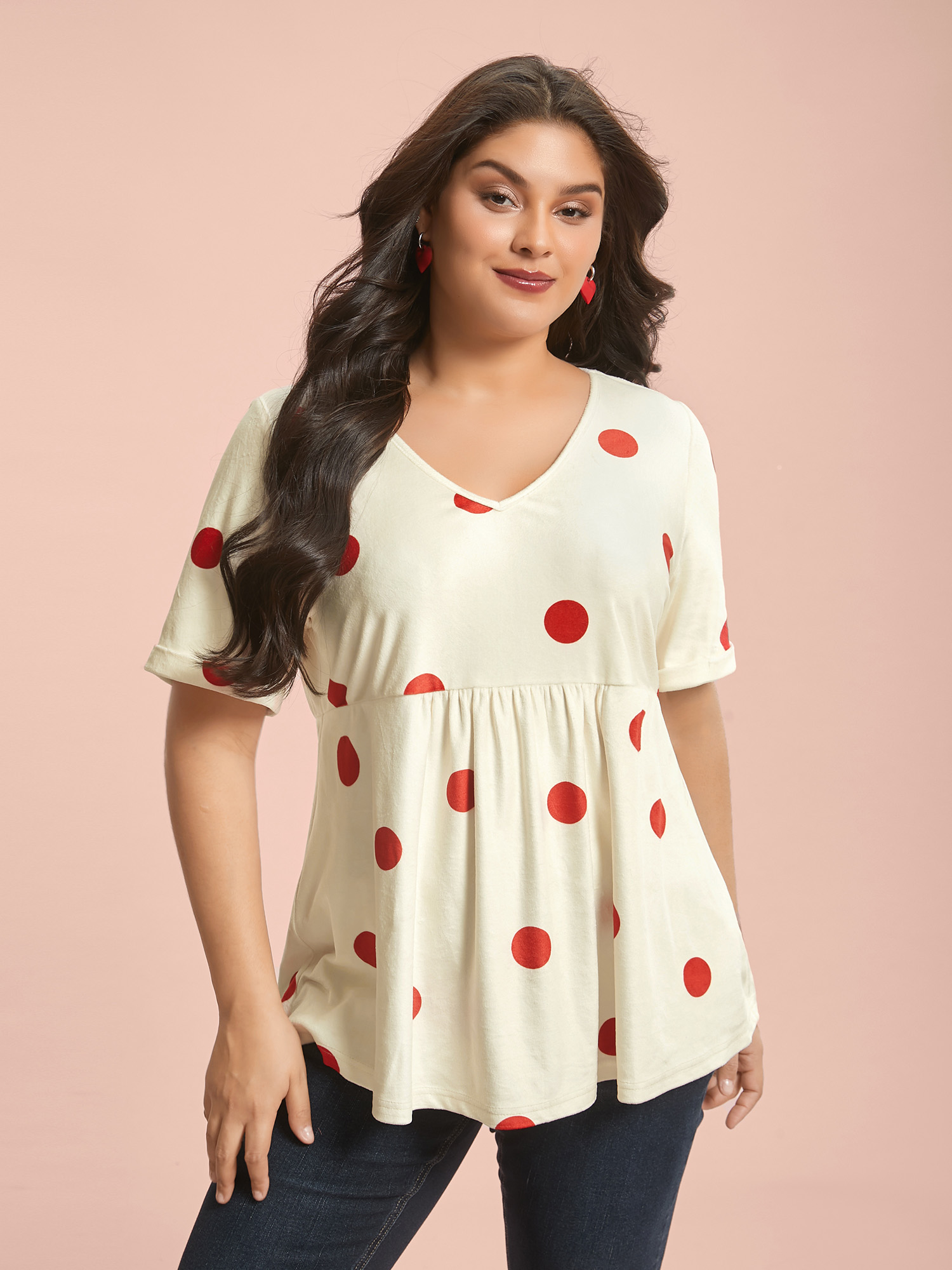 

Plus Size Mink Velvet Polka Dots Contrast T-Shirt Beige Women Casual Gathered V-neck Bodycon Everyday T-shirts BloomChic